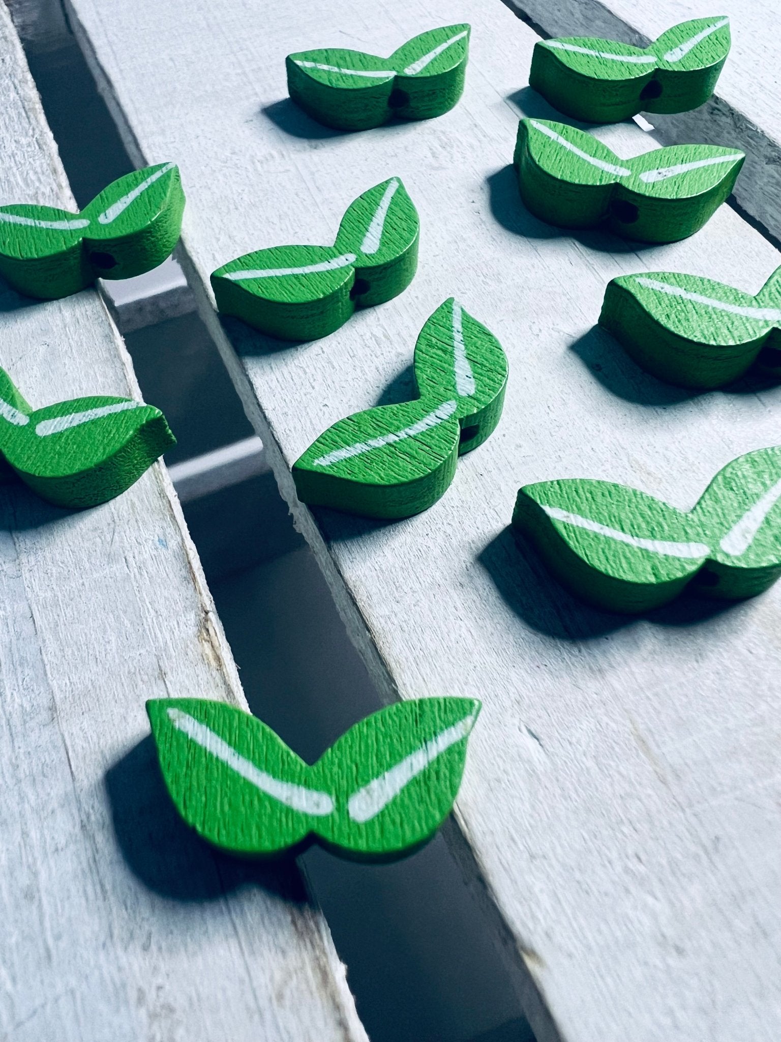 Leaf Beads 5 Wood Beads Green Leaf Painted Wood Beads Nature mini objects trinkets Doodads Alphabet objects for Letter L - Speech and Smile