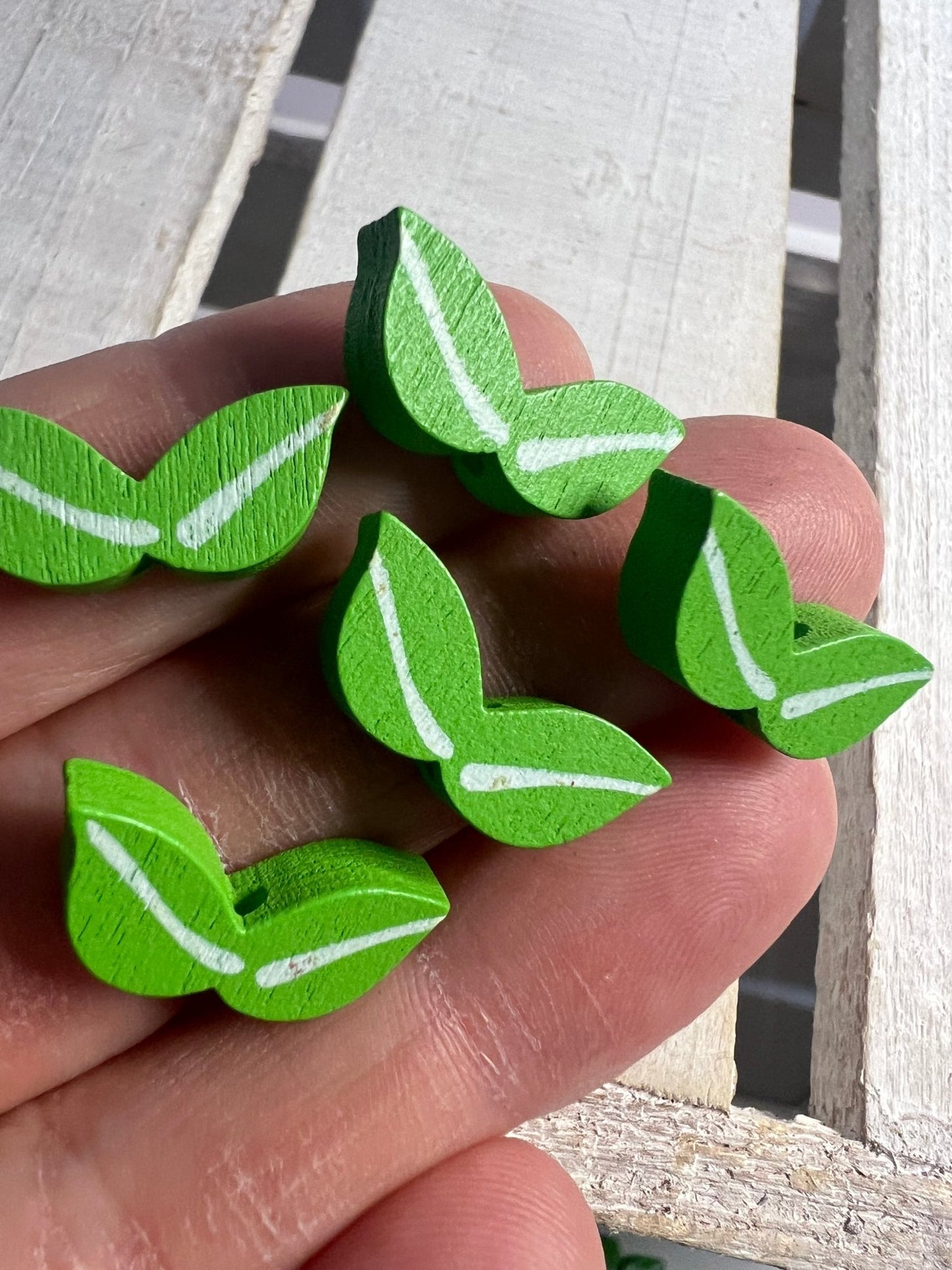 Leaf Beads 5 Wood Beads Green Leaf Painted Wood Beads Nature mini objects trinkets Doodads Alphabet objects for Letter L - Speech and Smile