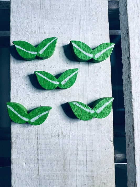 Leaf Beads 5 Wood Beads Green Leaf Painted Wood Beads Nature mini objects trinkets Doodads Alphabet objects for Letter L - Speech and Smile