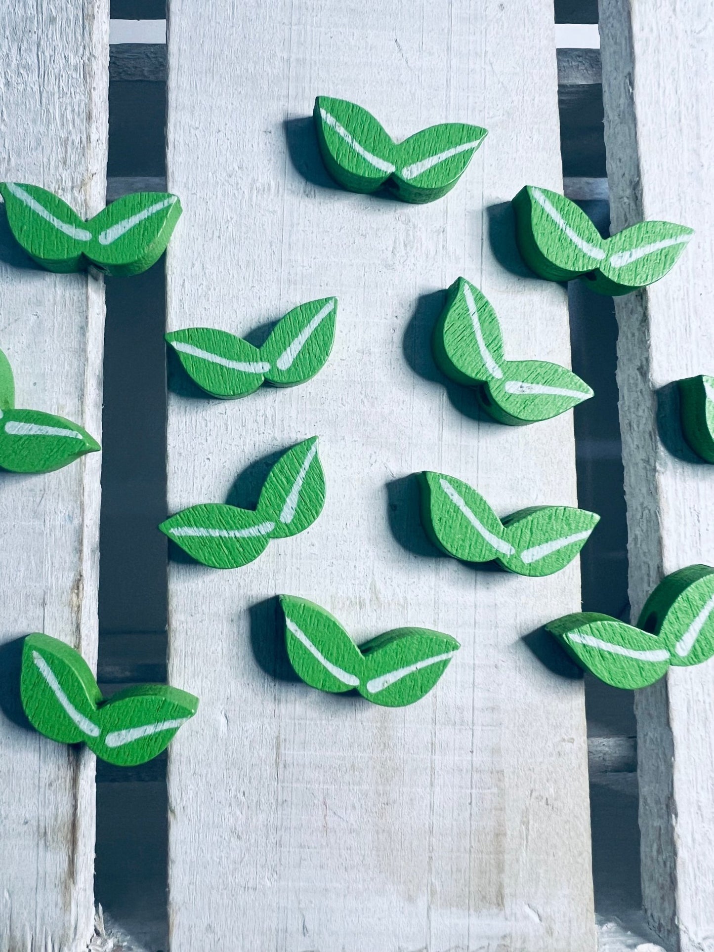 Leaf Beads 5 Wood Beads Green Leaf Painted Wood Beads Nature mini objects trinkets Doodads Alphabet objects for Letter L - Speech and Smile