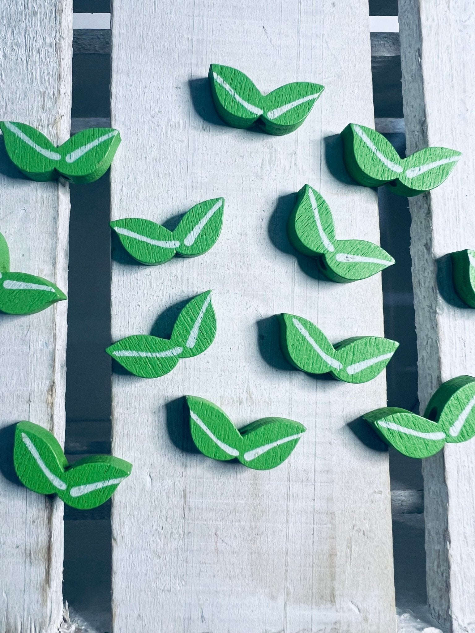 Leaf Beads 5 Wood Beads Green Leaf Painted Wood Beads Nature mini objects trinkets Doodads Alphabet objects for Letter L - Speech and Smile