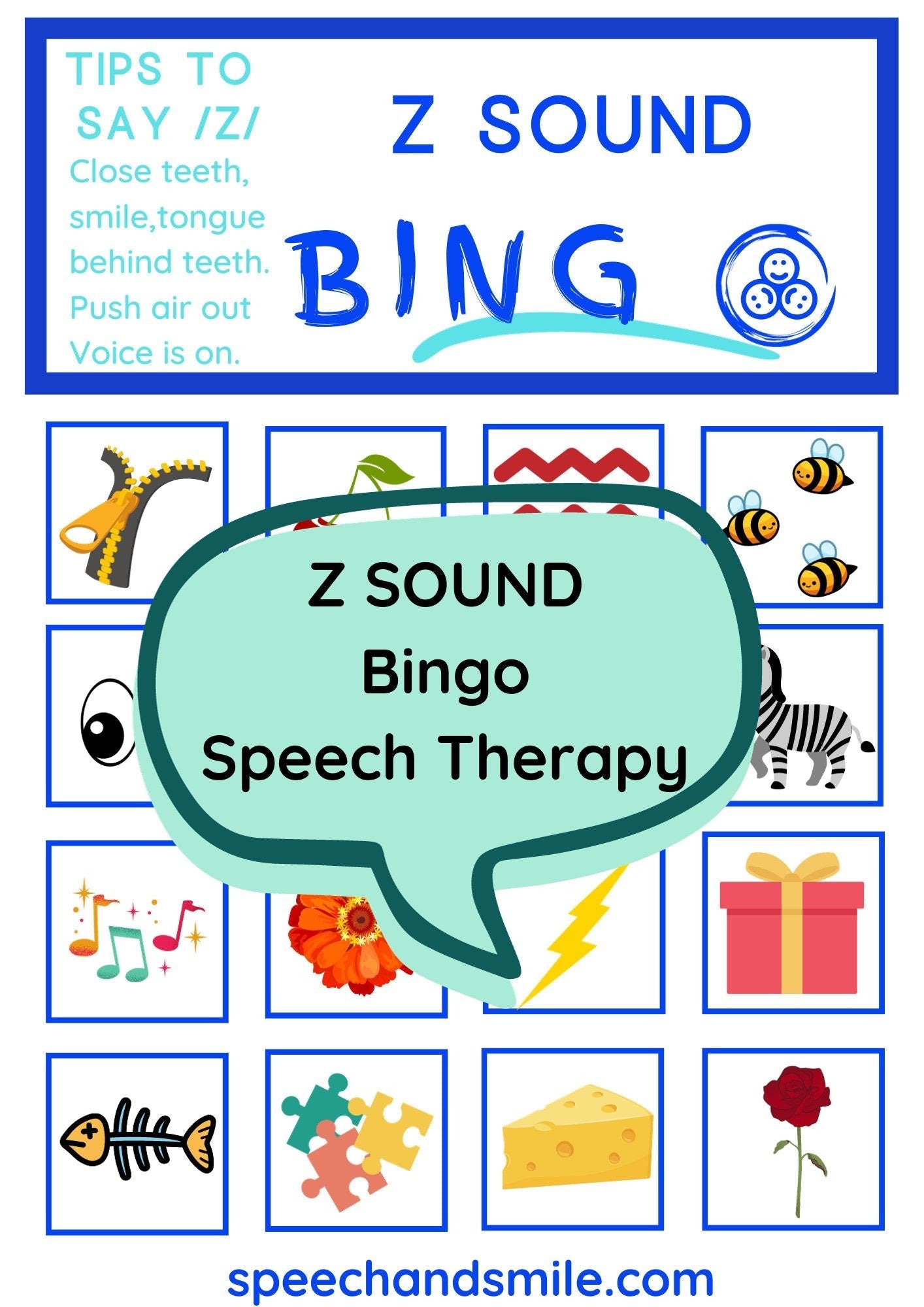 Letter Z Sound Bingo - Printable Z Activity - Letter Z Matching Game - Speech Therapy Printable Worksheet - Printable Bingo Boards for Letter Sounds - Speech and Smile