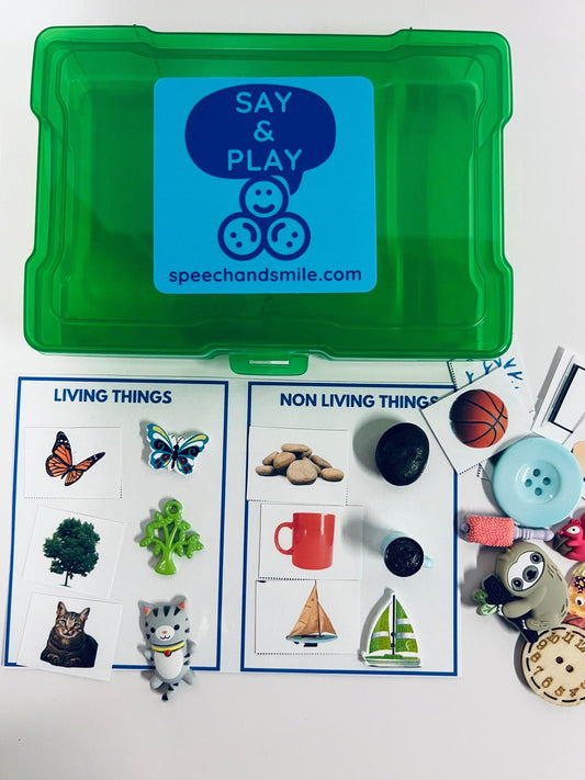 LIVING NONLIVING Preschool SCIENCE Task Box with Mini Objects - Sort Pictures and Miniature Objects - Speech Therapy Task Box - Mini Object - Speech and Smile