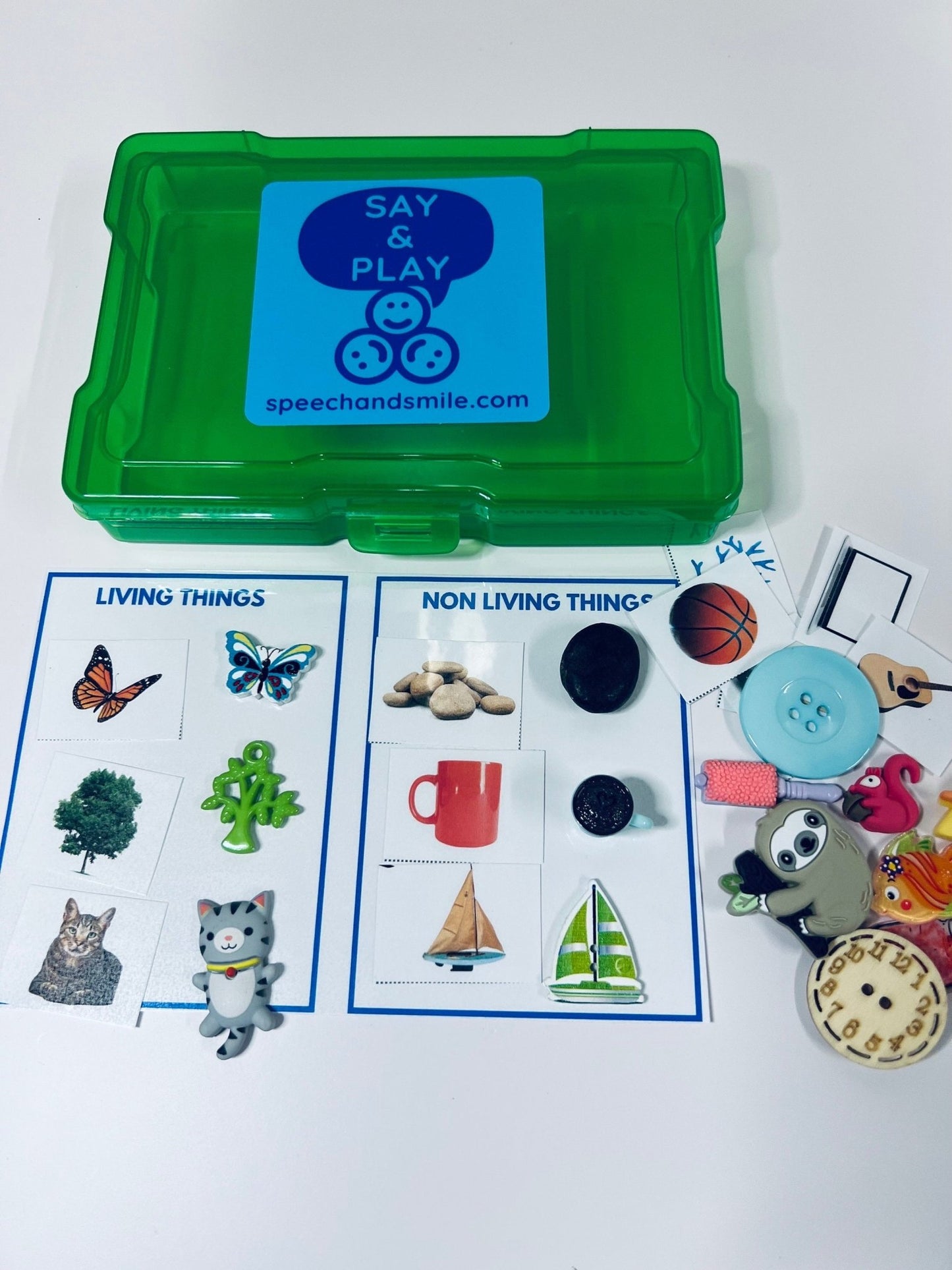 LIVING NONLIVING Preschool SCIENCE Task Box with Mini Objects - Sort Pictures and Miniature Objects - Speech Therapy Task Box - Mini Object - Speech and Smile