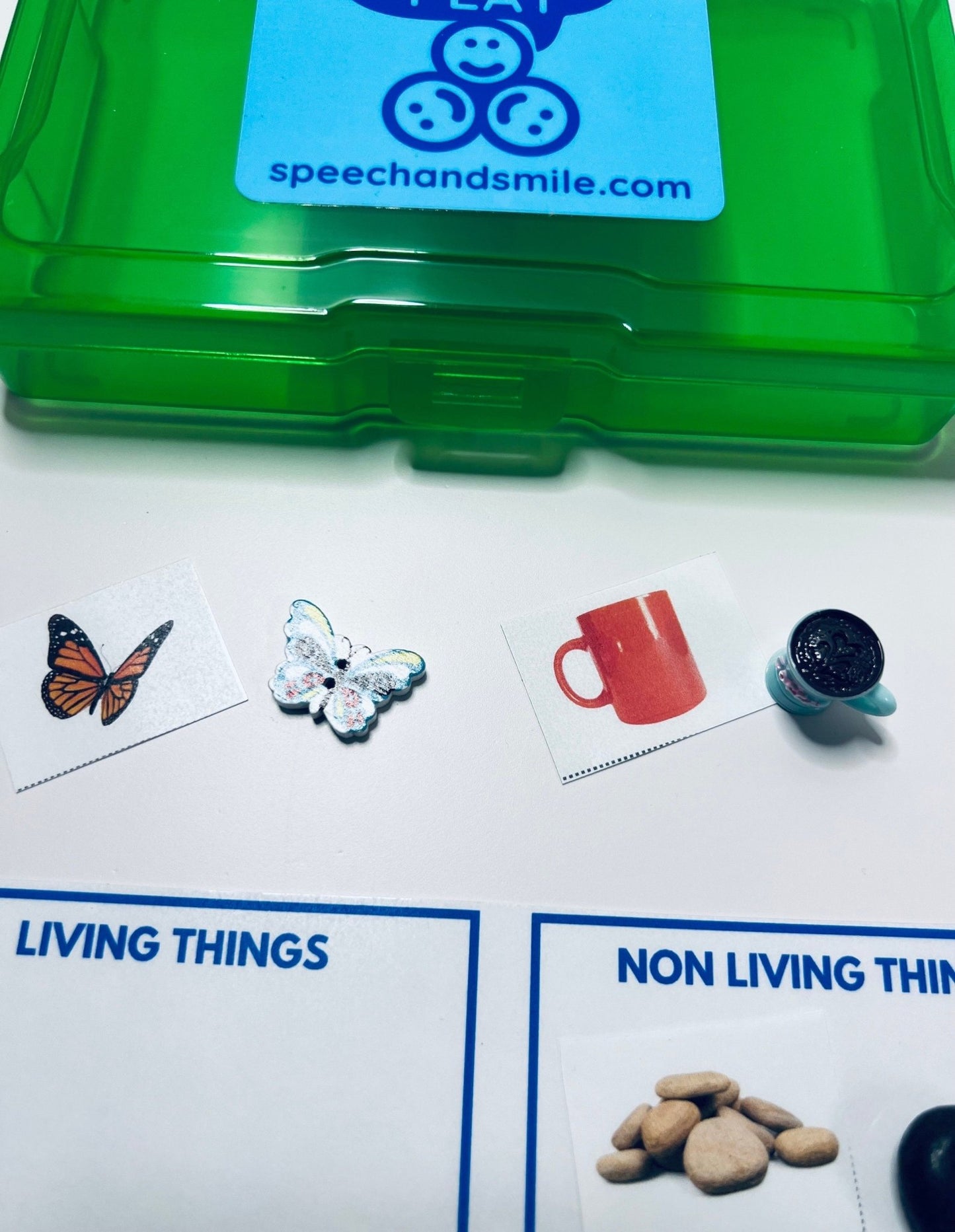 LIVING NONLIVING Preschool SCIENCE Task Box with Mini Objects - Sort Pictures and Miniature Objects - Speech Therapy Task Box - Mini Object - Speech and Smile