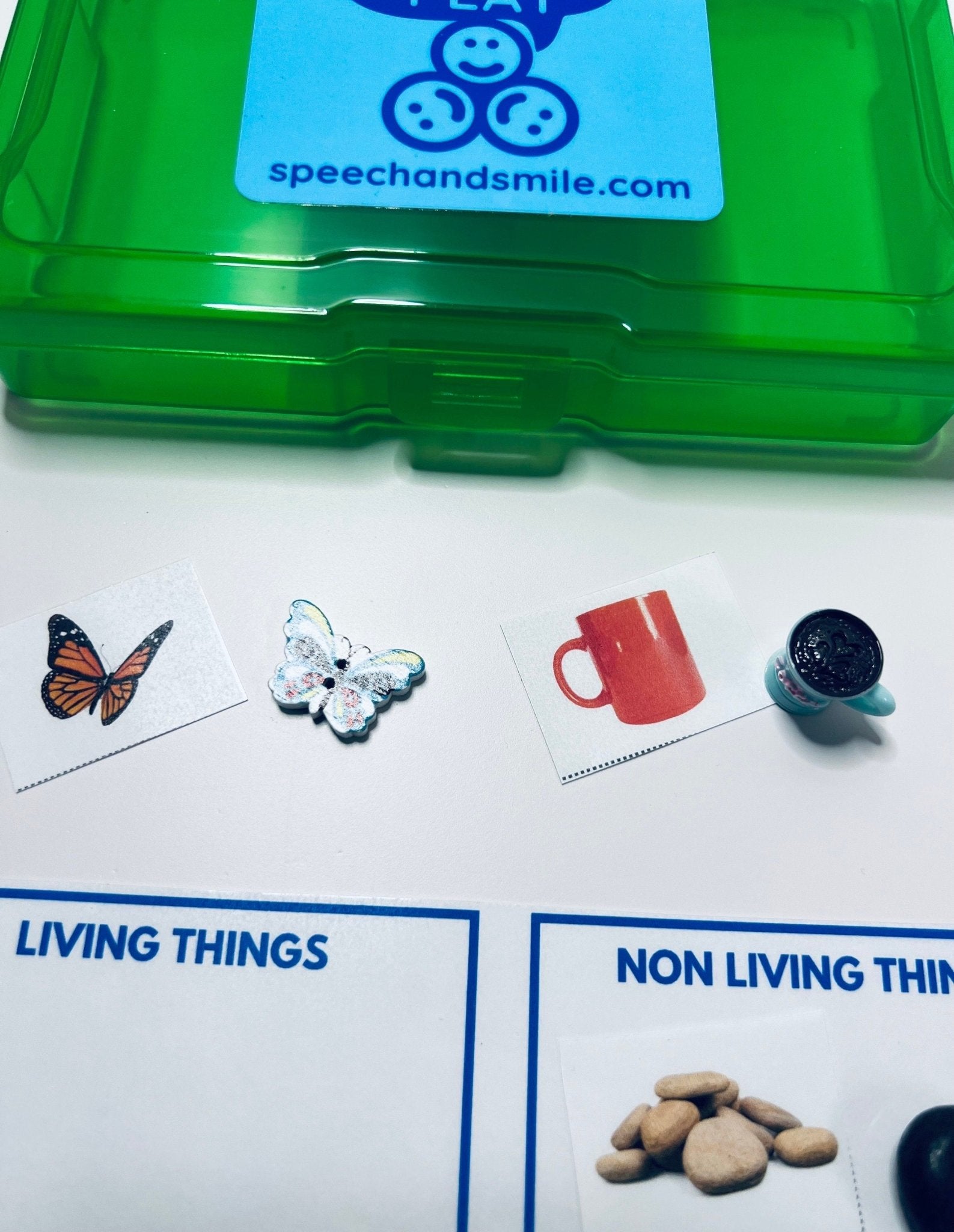 LIVING NONLIVING Preschool SCIENCE Task Box with Mini Objects - Sort Pictures and Miniature Objects - Speech Therapy Task Box - Mini Object - Speech and Smile