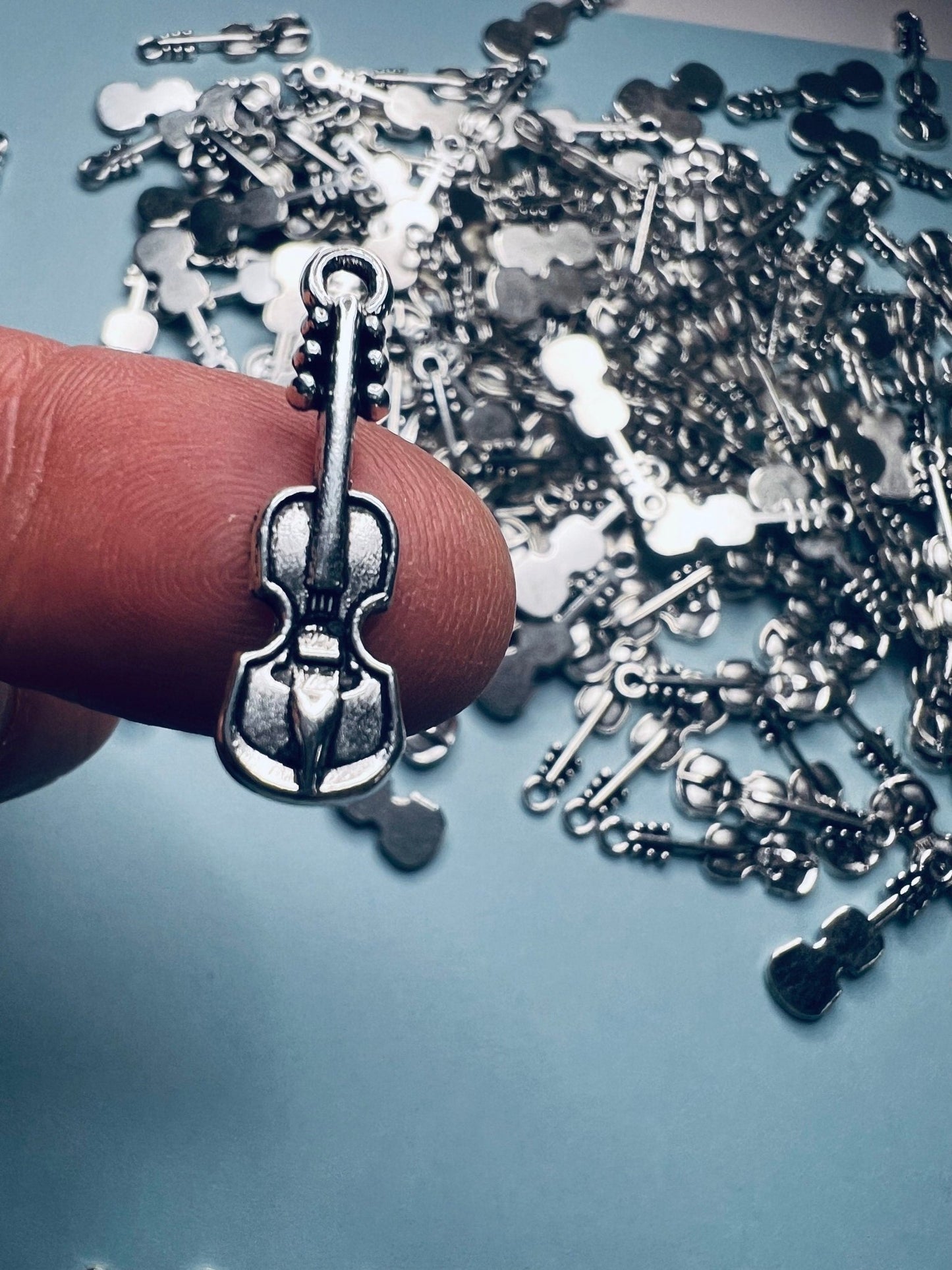MICRO Miniature Double Base - Mini Violins - Silver Violin Charm - Bag of 5/10 Mini Violins - I Spy Objects - Mini Objects Speech Therapy - Speech and Smile