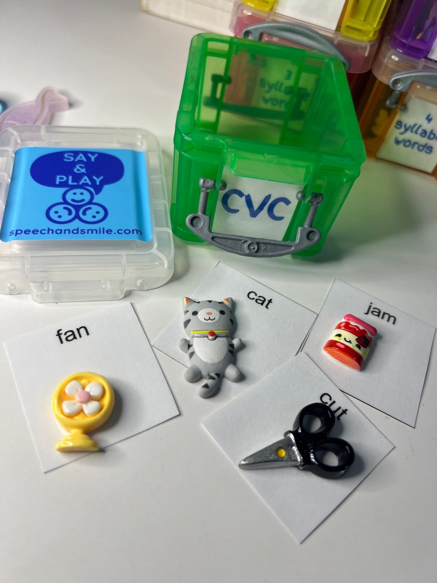 Mini Object Words for Speech Therapy CV - VC, CVC, CVCV CVCVC and Multi Syllable Objects - Say and Play Mini Objects Kit - Speech and Smile
