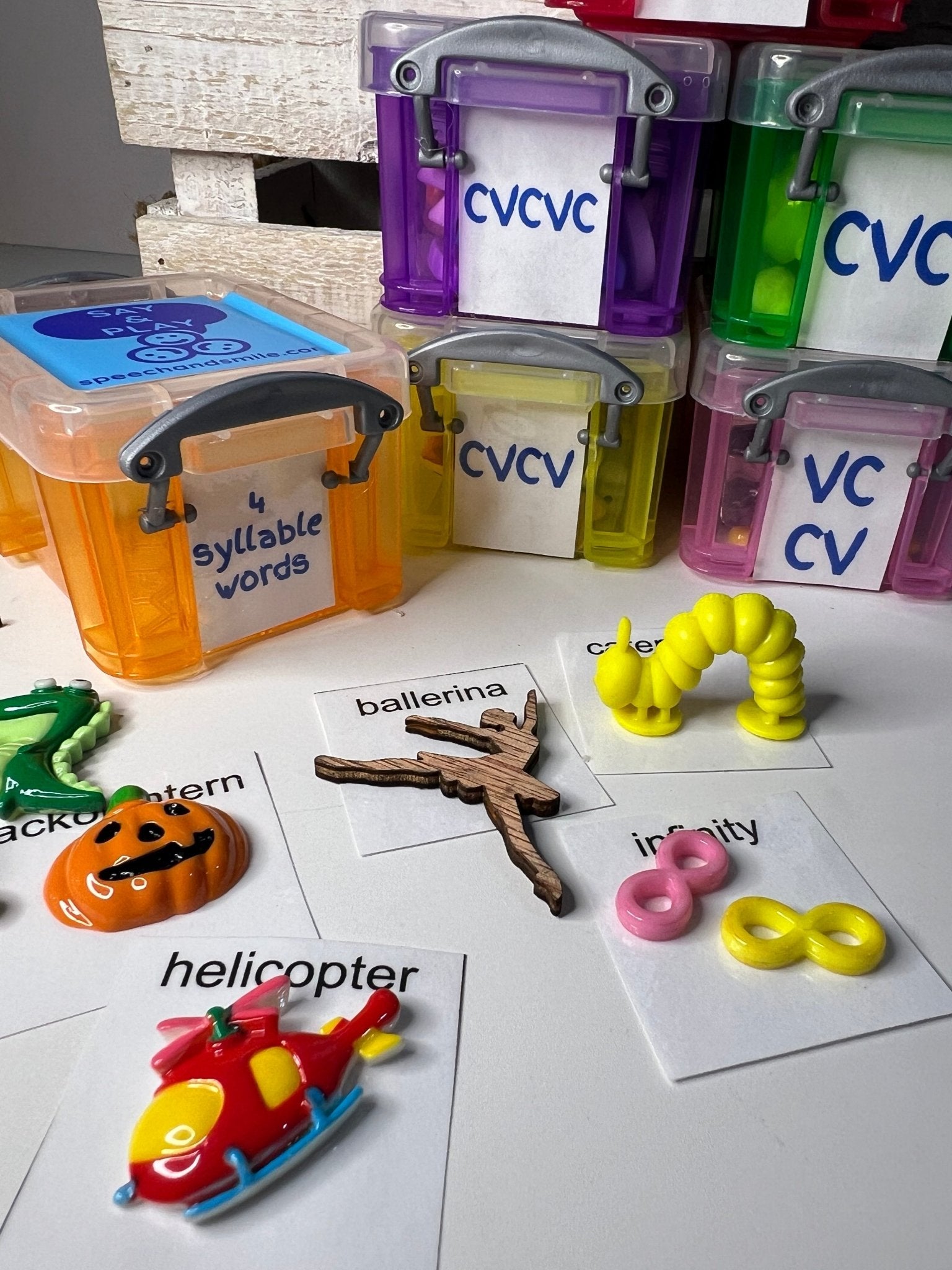 Mini Object Words for Speech Therapy CV - VC, CVC, CVCV CVCVC and Multi Syllable Objects - Say and Play Mini Objects Kit - Speech and Smile