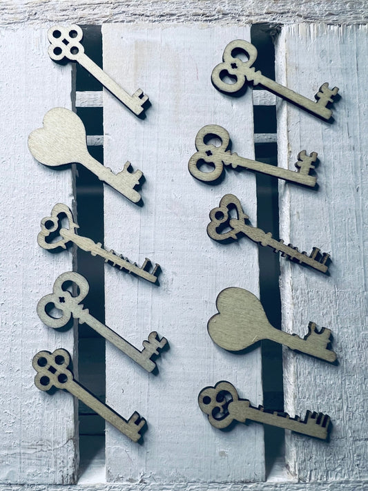 Miniature Wood Keys 10 in a set - Skeleton Key Objects Wood Cut Shapes Minis for Speech Thetapy Doodads Trinkets Houae Theme Mini Objects Dollhouse Key - Speech and Smile