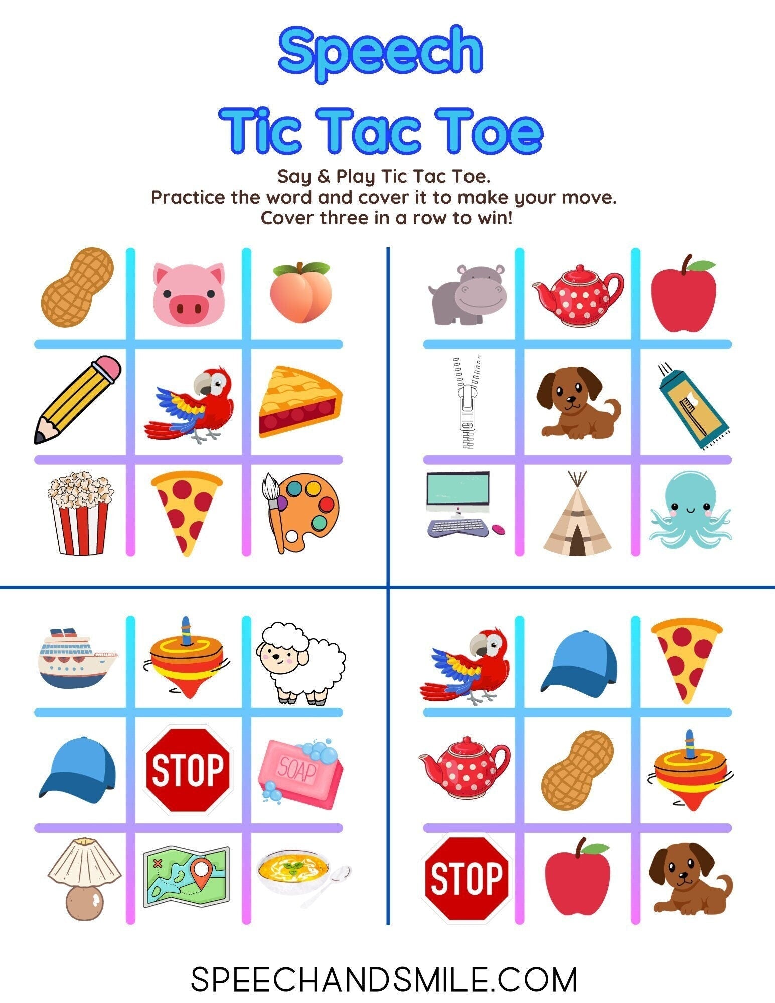 P Sound PRINTABLE Speech Sounds Tic - Tac - Toe Print and Play with Speech Therapy Mini Objects - Speech and Smile