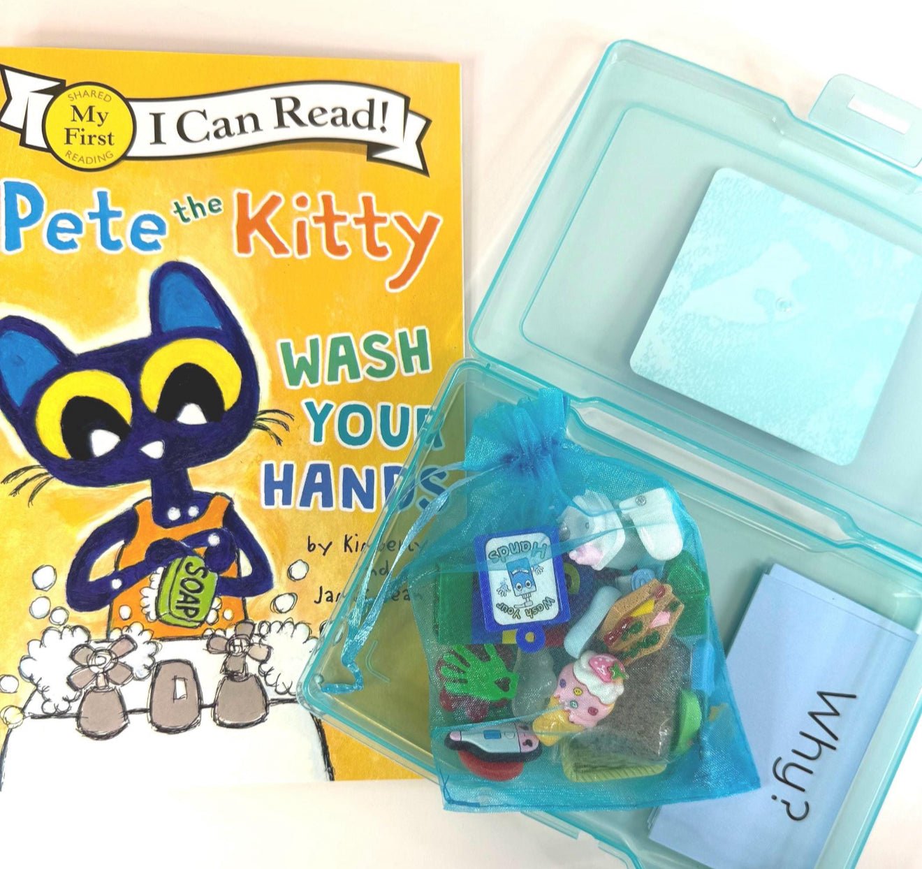 Pete the Cat Story Kit – Pete the Kitty Wash Your Hands Book with Mini Objects – Speech Therapy Story Props & Question Cards - BOOK INCLUDED - Speech and Smile
