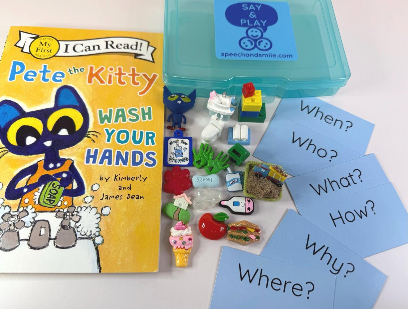 Pete the Cat Story Kit – Pete the Kitty Wash Your Hands Book with Mini Objects – Speech Therapy Story Props & Question Cards - BOOK INCLUDED - Speech and Smile