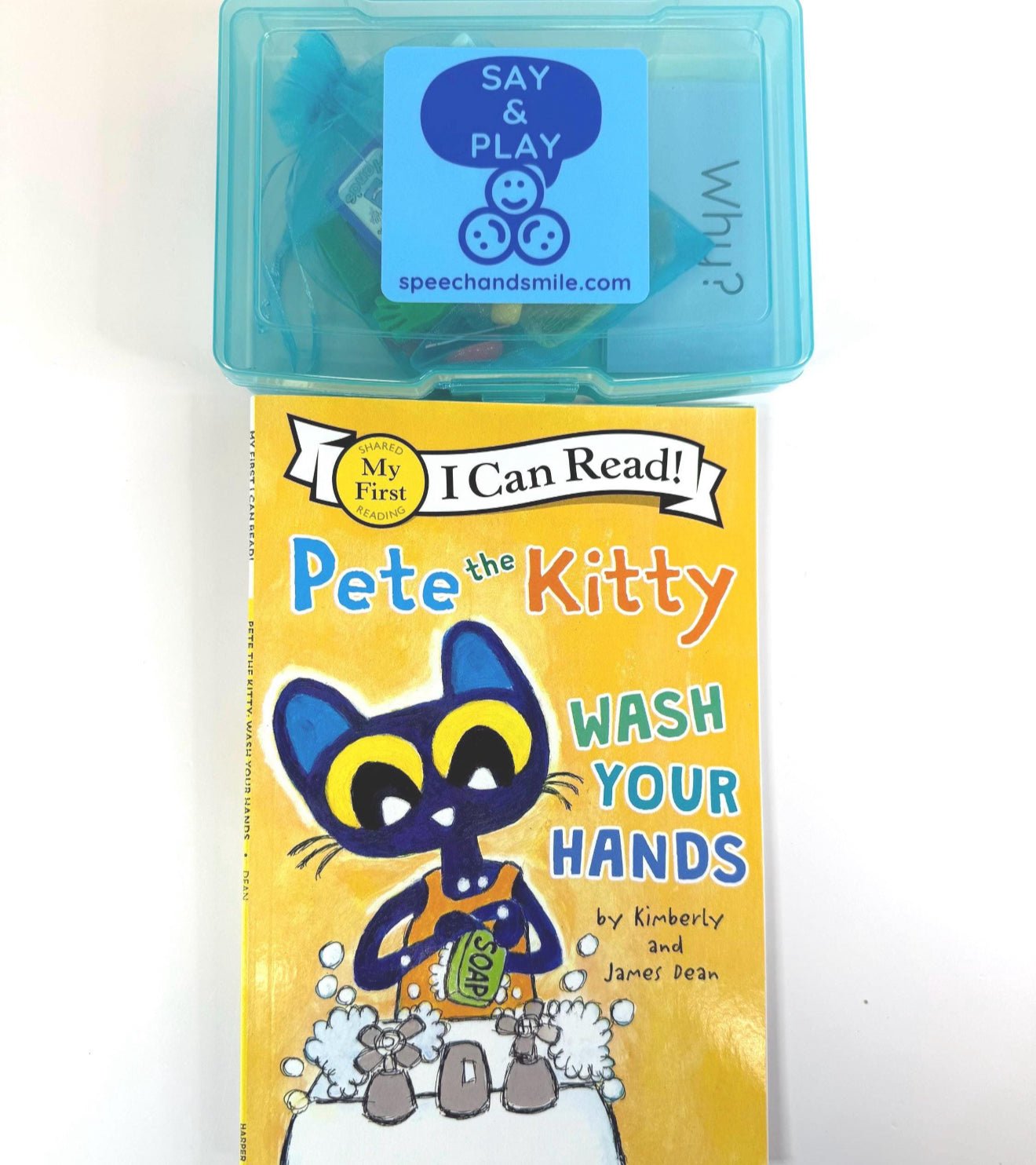 Pete the Cat Story Kit – Pete the Kitty Wash Your Hands Book with Mini Objects – Speech Therapy Story Props & Question Cards - BOOK INCLUDED - Speech and Smile