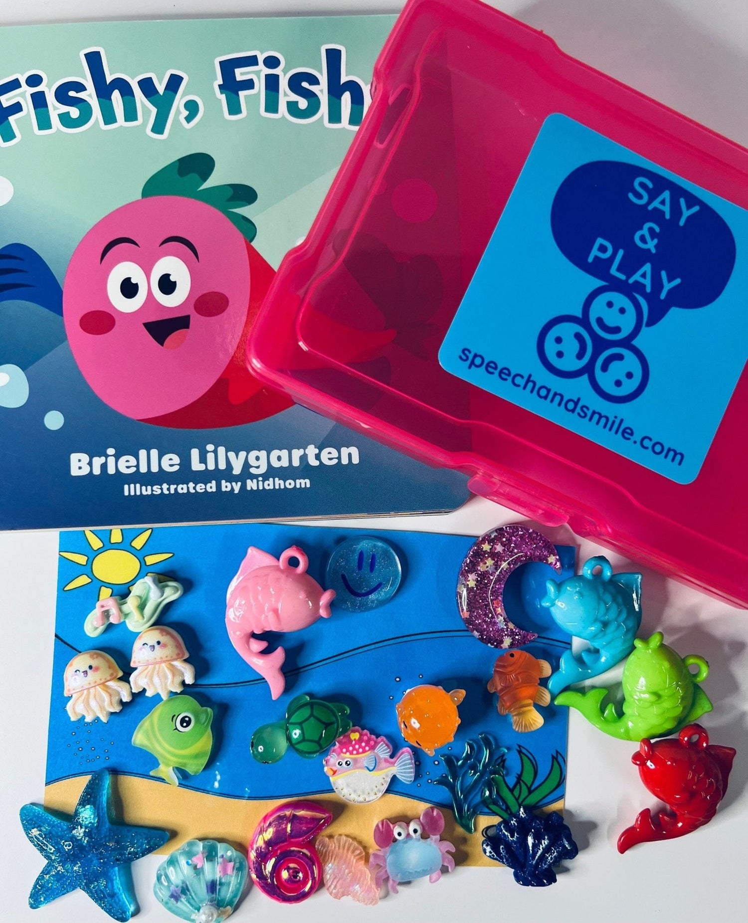 Preschool Story Kit Mini Objects for Fishy Fishy Book - INCLDUES BOOK - Speech Therapy Book - Ocean Book for Kids - Speech and Smile