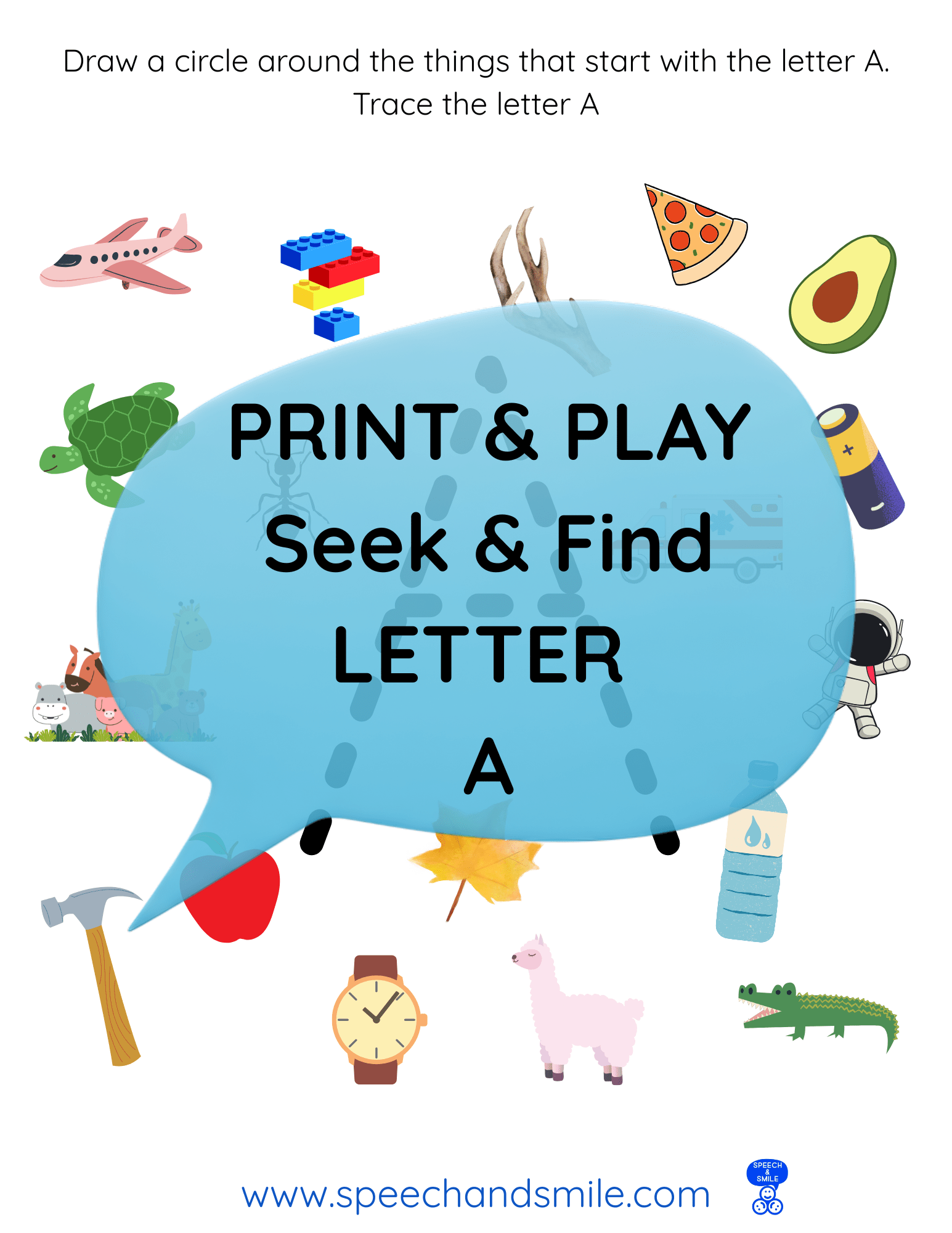 Print & Play Alphabet Worksheet - Letter A Activity Find and Seek Circle Letter Sounds - Educational Printable Instant Download - Speech and Smile