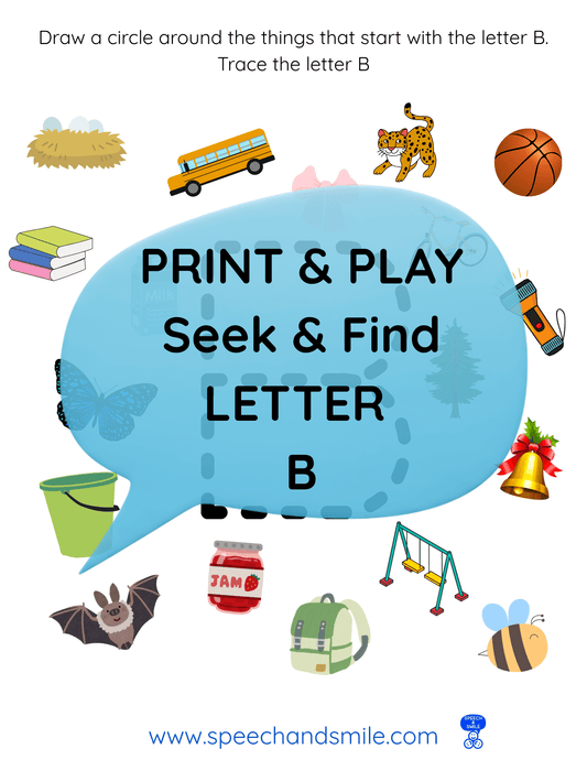 Print & Play Alphabet Worksheet - Letter B Activity Find and Circle Letter Sounds - Educational Printable Instant Download - Speech and Smile