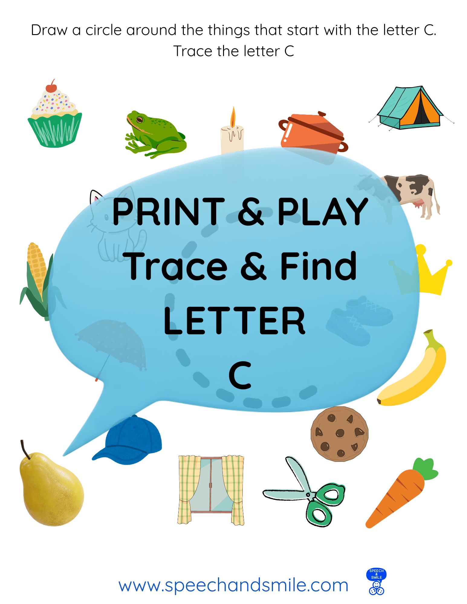 Print & Play Alphabet Worksheet - Letter C Activity Find and Circle Letter Sounds - Educational Printable Instant Download - Speech and Smile