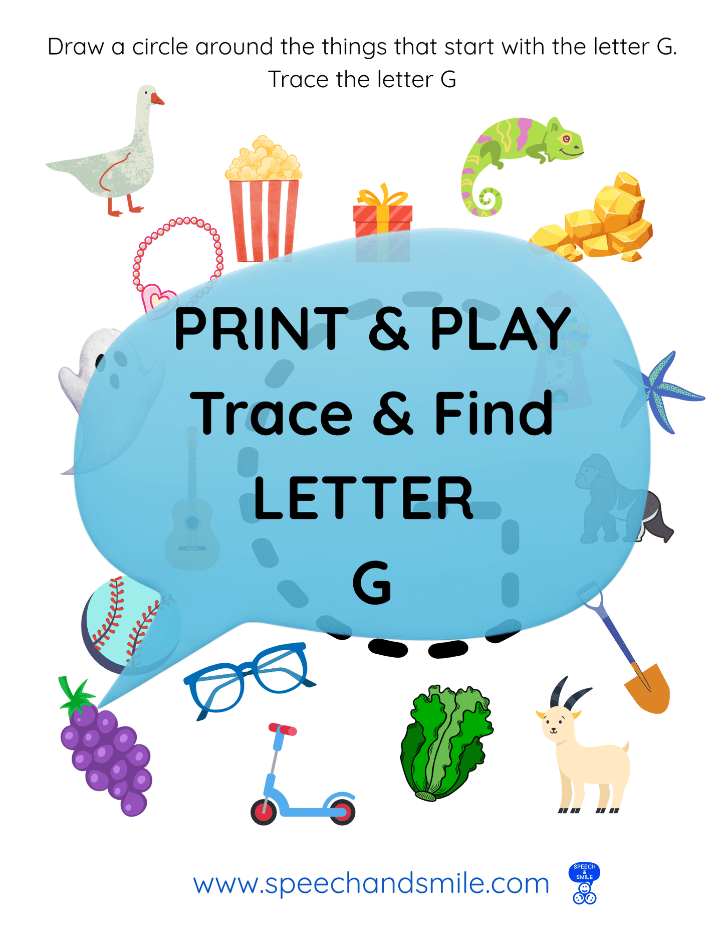 Print & Play Alphabet Worksheet - Letter G Activity Find and Circle Letter Sounds - Educational Printable Instant Download - Speech and Smile