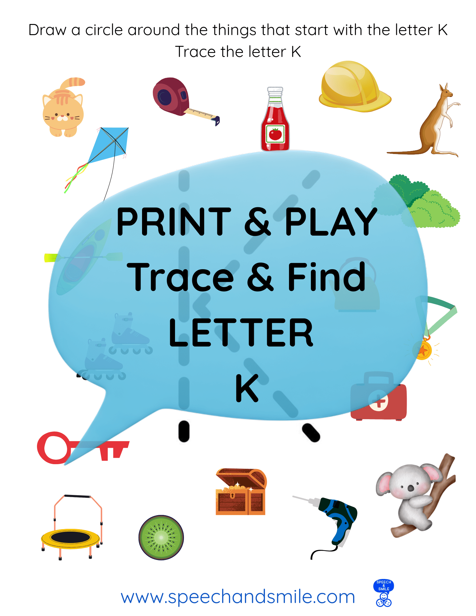 Print & Play Alphabet Worksheet - Letter K Activity Find and Circle Letter Sounds - Educational Printable Instant Download - Speech and Smile