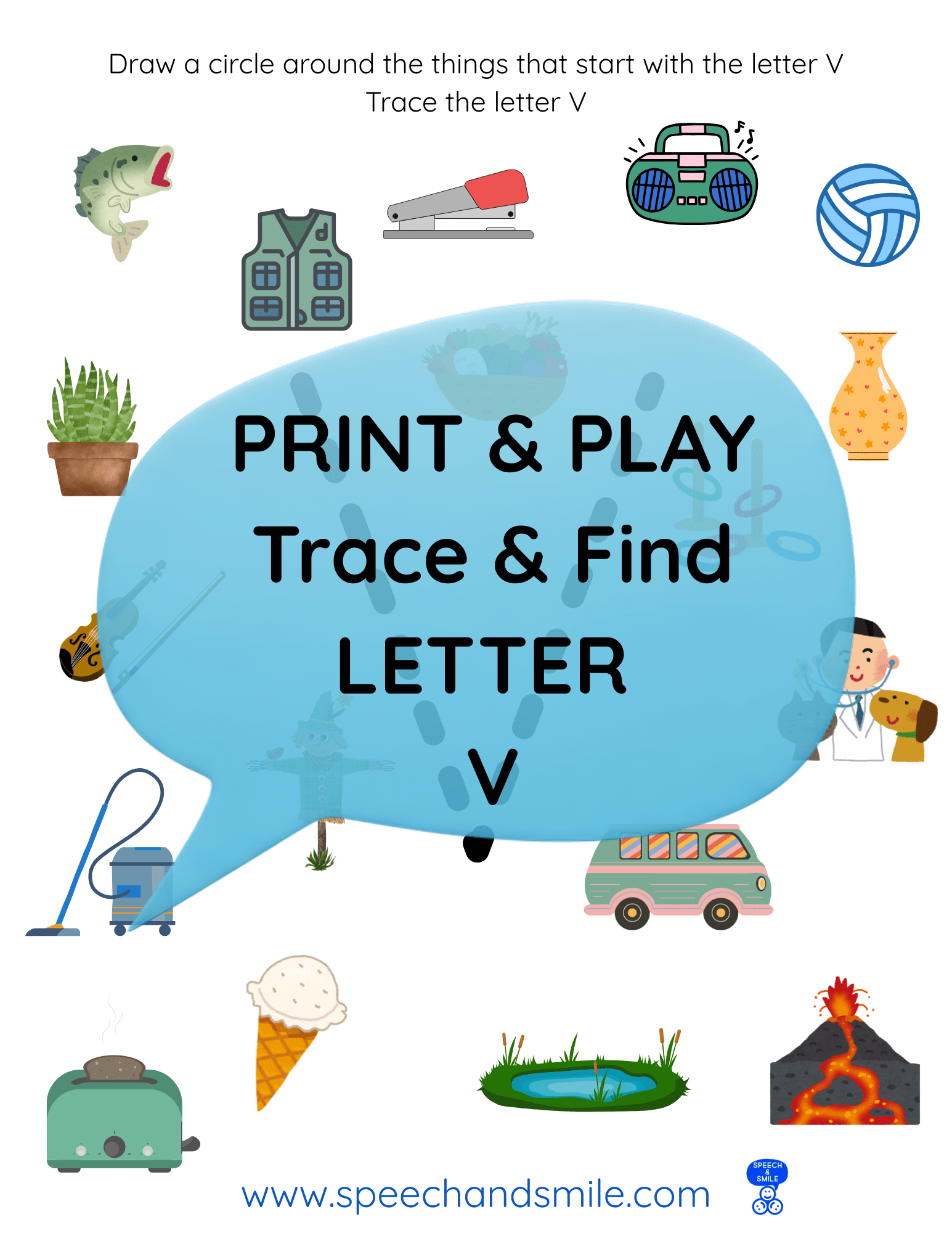 Print & Play Alphabet Worksheet - Letter V Activity Find and Circle Letter Sounds - Educational Printable Instant Download - Speech and Smile