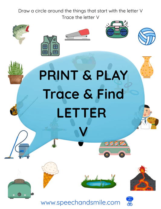 Print & Play Alphabet Worksheet - Letter V Activity Find and Circle Letter Sounds - Educational Printable Instant Download - Speech and Smile