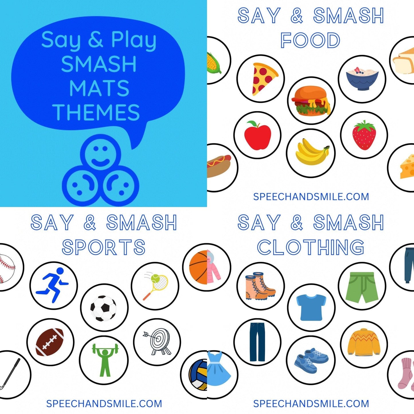Printable 5 Theme Smash Mat Speech Therapy Materials Print and Play Themed Therapy - Speech and Smile