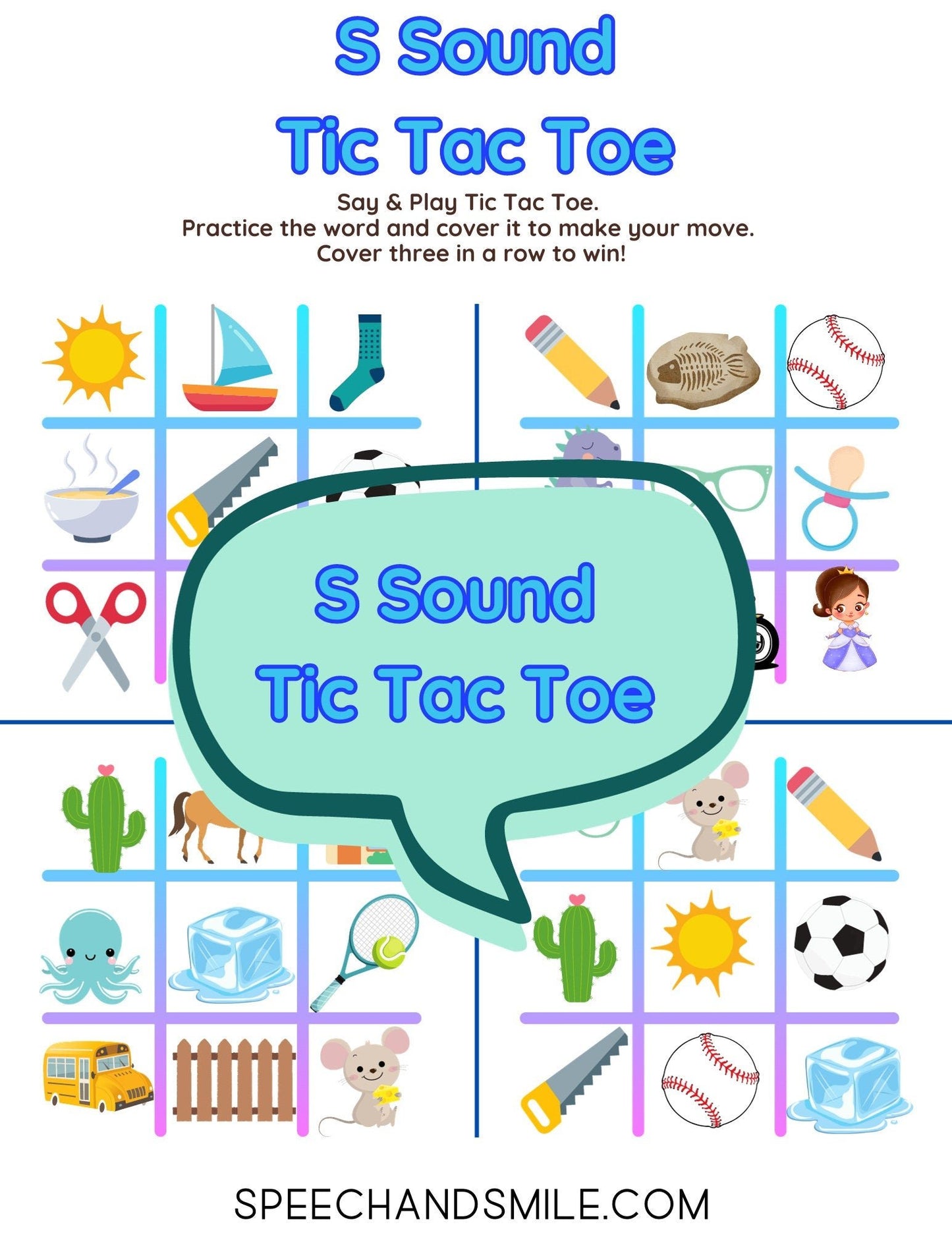 S Sound Tic - Tac - Toe PRINTABLE Speech Sounds Worksheet - Speech and Smile