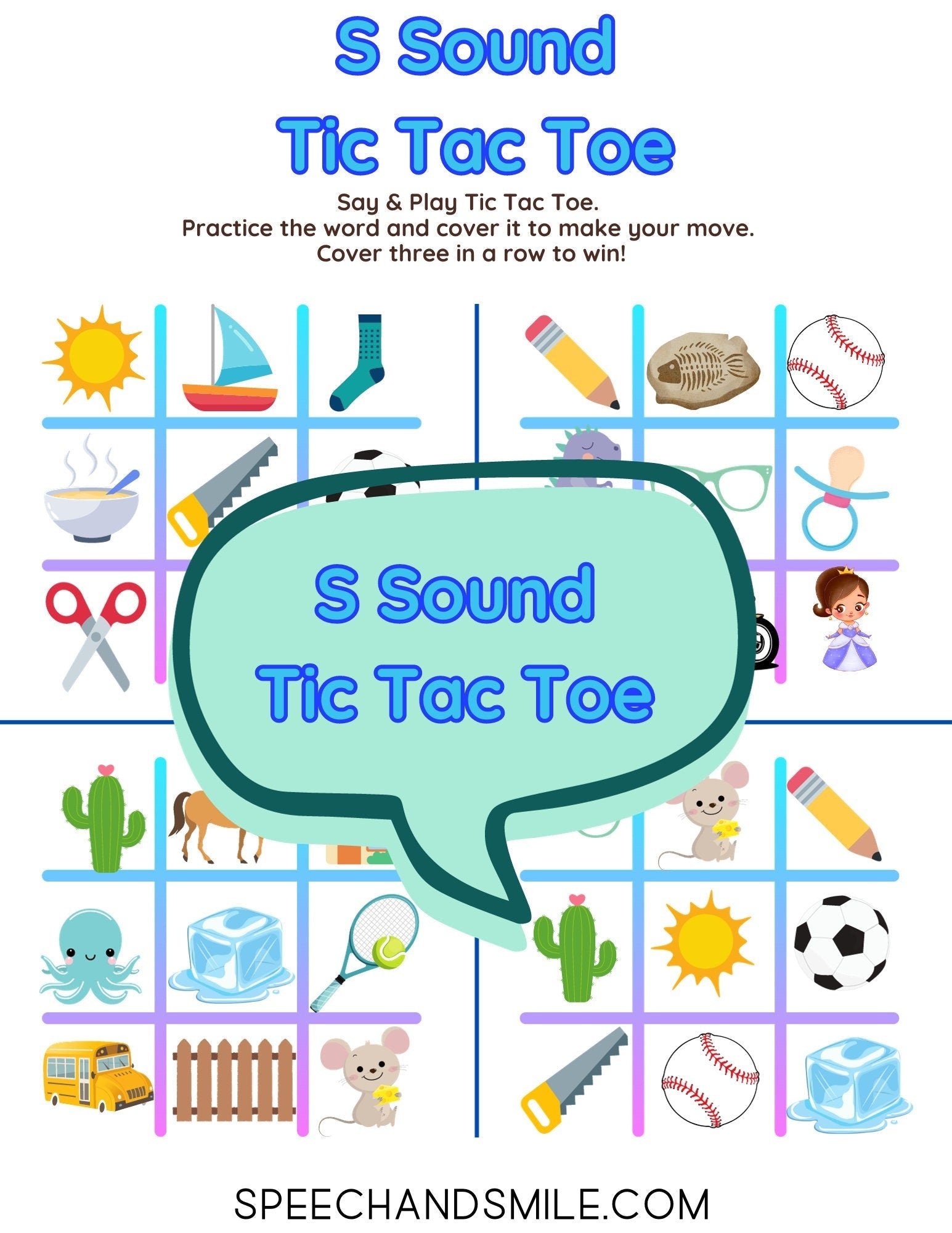 S Sound Tic - Tac - Toe PRINTABLE Speech Sounds Worksheet - Speech and Smile
