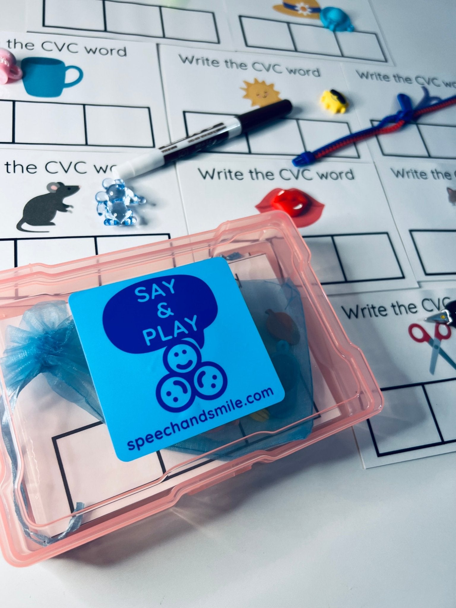 Say and Play CVC Language Task Box SPELLING kit Mini Objects Speech Therapy CVC Objects Montessori Language Objects - Speech and Smile