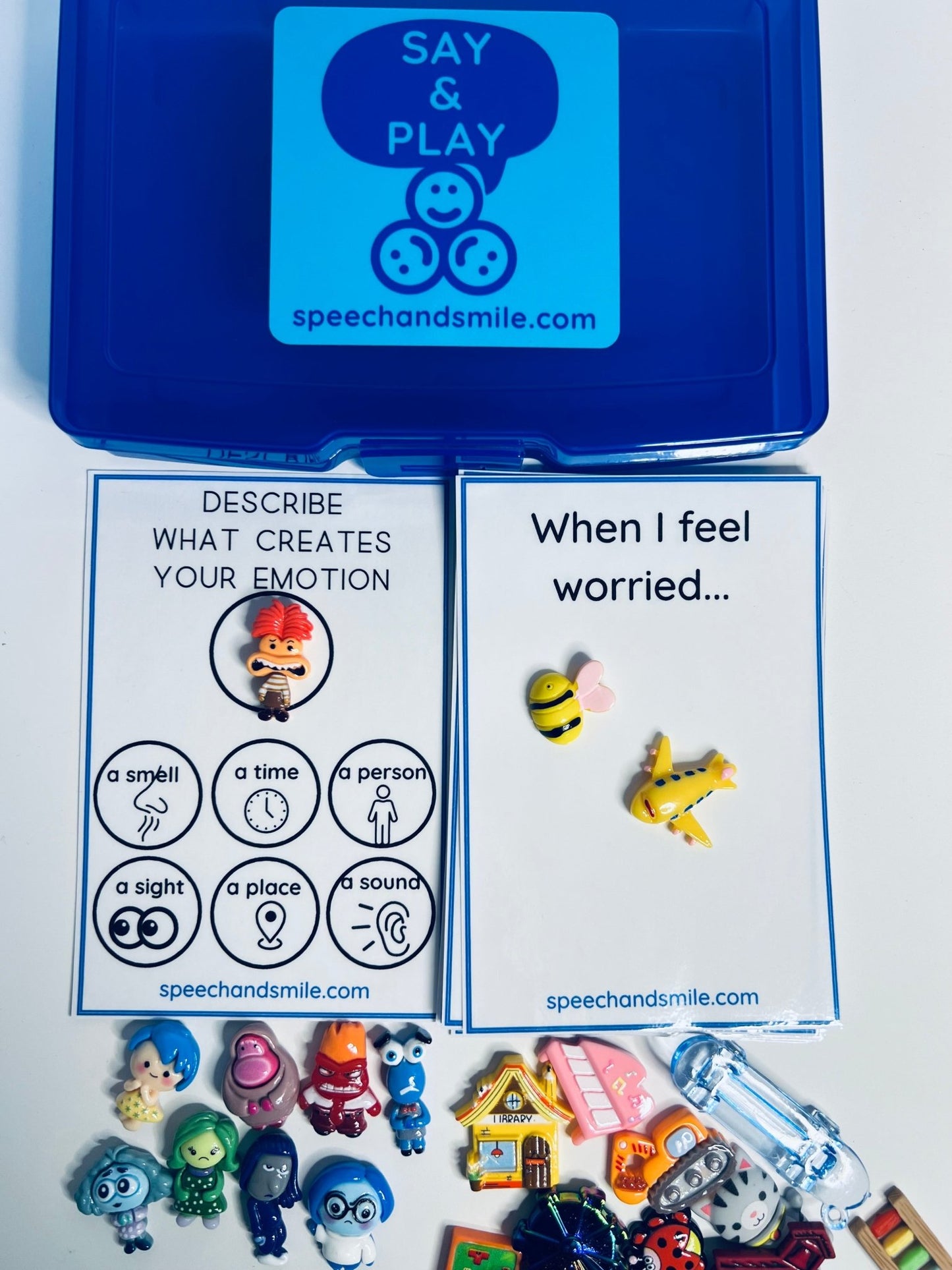Say and Play EMOTIONS Task Box Includes 9 Inside Out Mini Figures and more Trinket Speech Therapy Mini Objects Emotion Minis - Speech and Smile