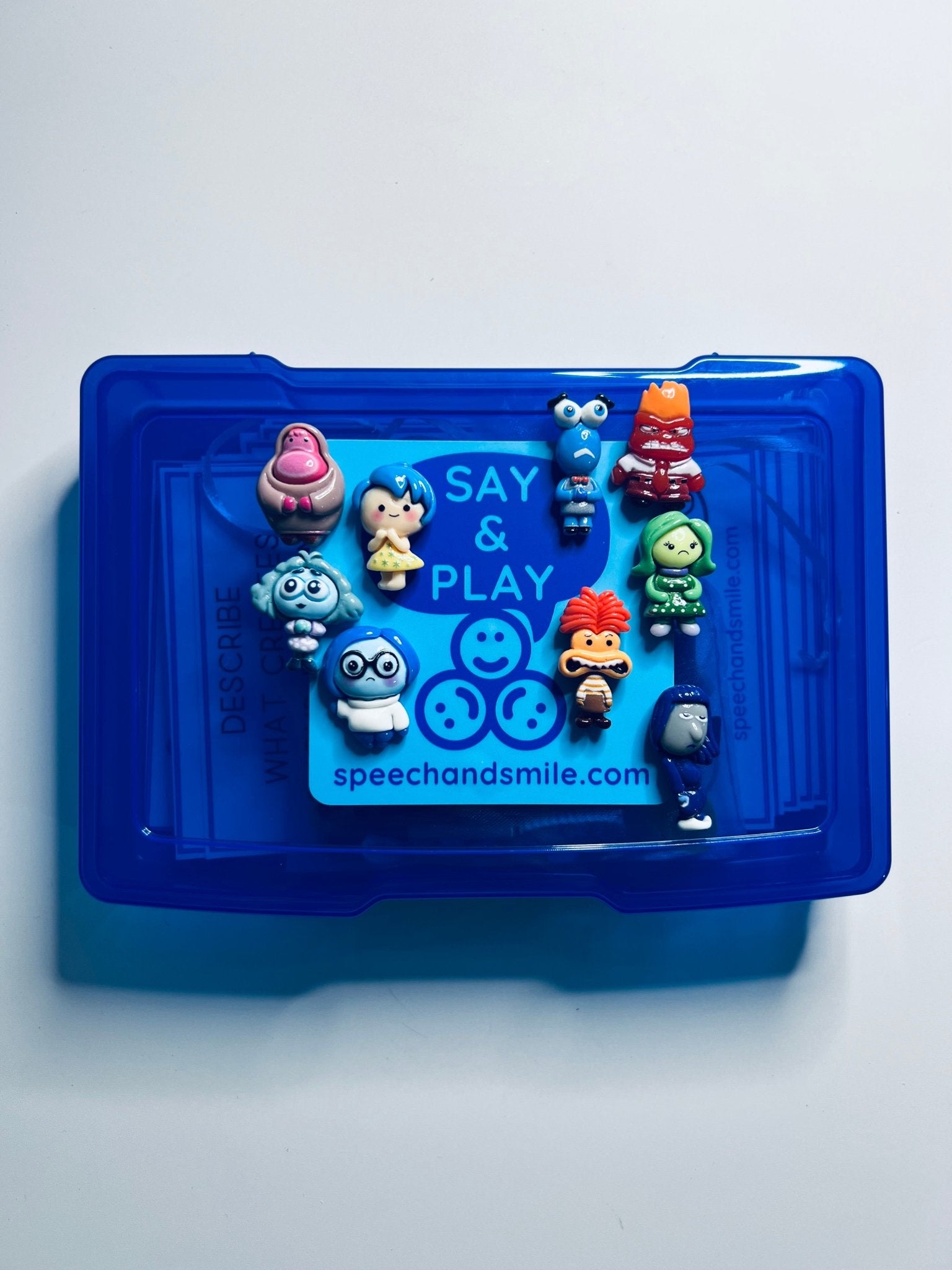 Say and Play EMOTIONS Task Box Includes 9 Inside Out Mini Figures and more Trinket Speech Therapy Mini Objects Emotion Minis - Speech and Smile