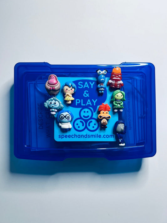 Say and Play EMOTIONS Task Box Includes 9 Inside Out Mini Figures and more Trinket Speech Therapy Mini Objects Emotion Minis - Speech and Smile