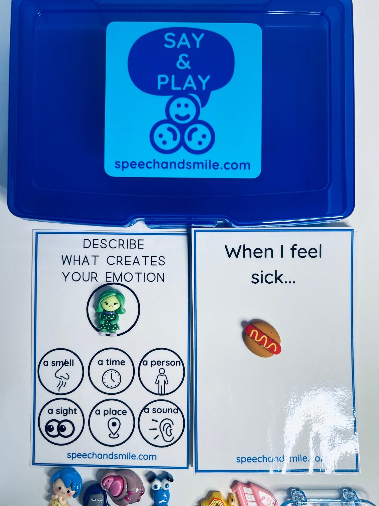 Say and Play EMOTIONS Task Box Includes 9 Inside Out Mini Figures and more Trinket Speech Therapy Mini Objects Emotion Minis - Speech and Smile