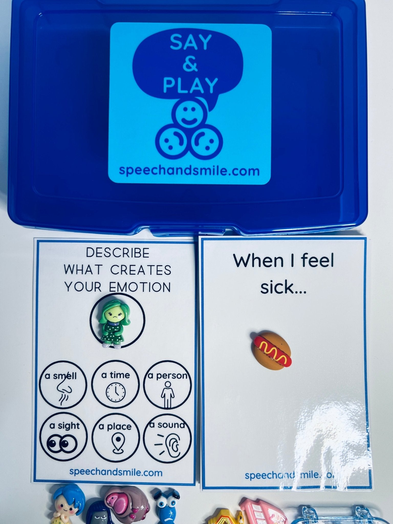 Say and Play EMOTIONS Task Box Includes 9 Inside Out Mini Figures and more Trinket Speech Therapy Mini Objects Emotion Minis - Speech and Smile