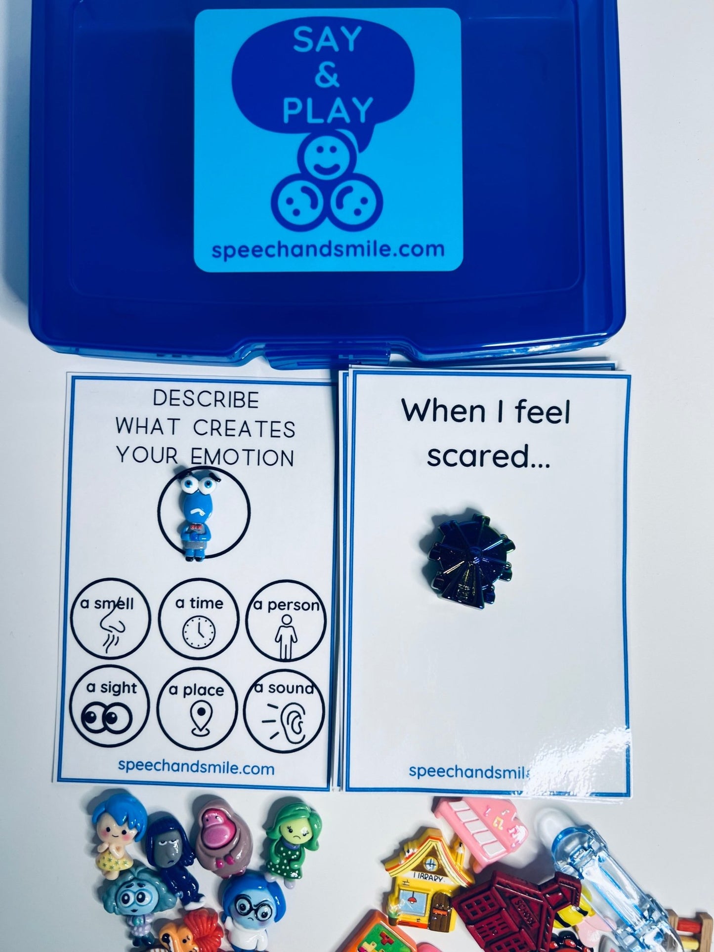 Say and Play EMOTIONS Task Box Includes 9 Inside Out Mini Figures and more Trinket Speech Therapy Mini Objects Emotion Minis - Speech and Smile