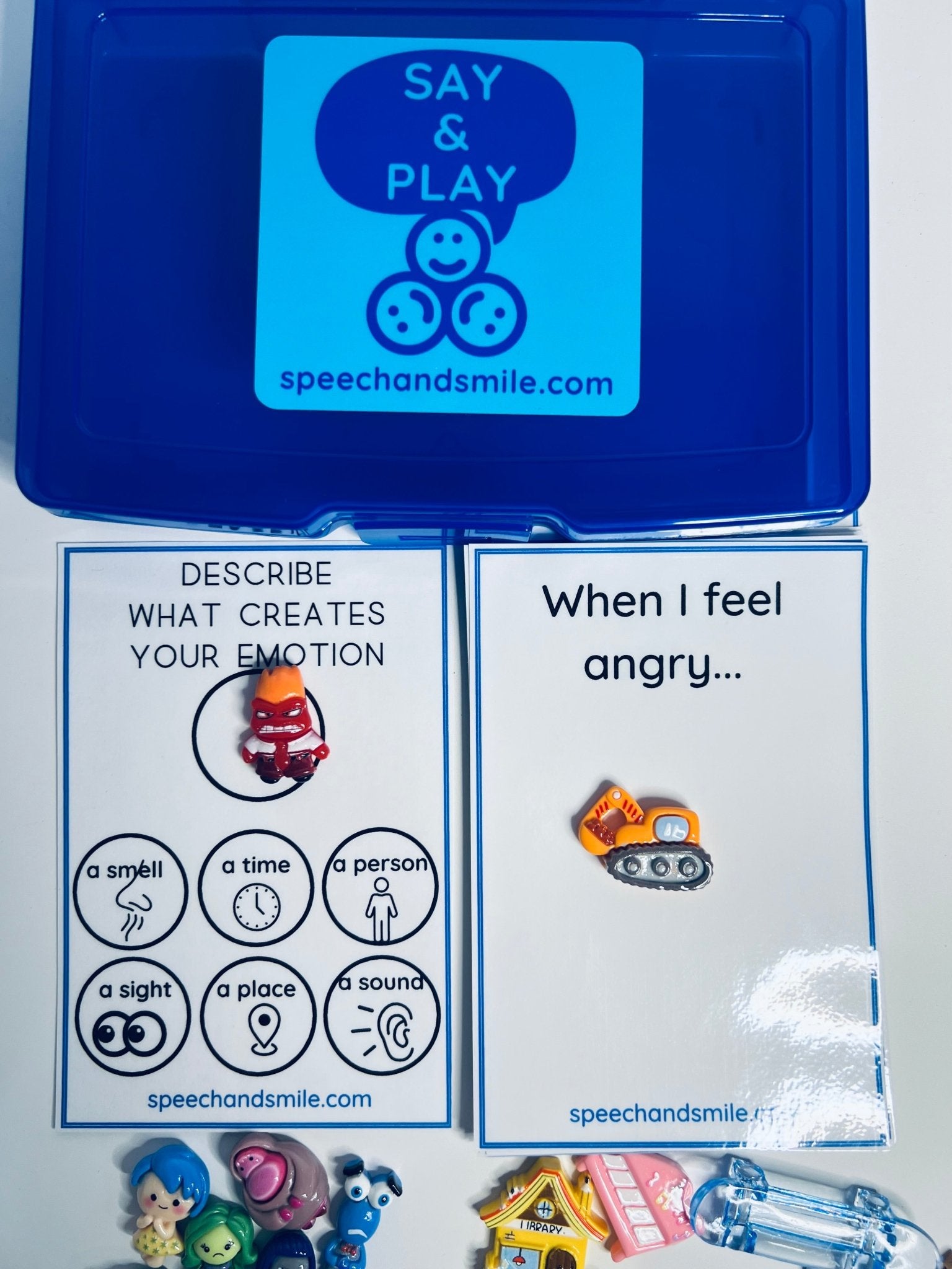 Say and Play EMOTIONS Task Box Includes 9 Inside Out Mini Figures and more Trinket Speech Therapy Mini Objects Emotion Minis - Speech and Smile
