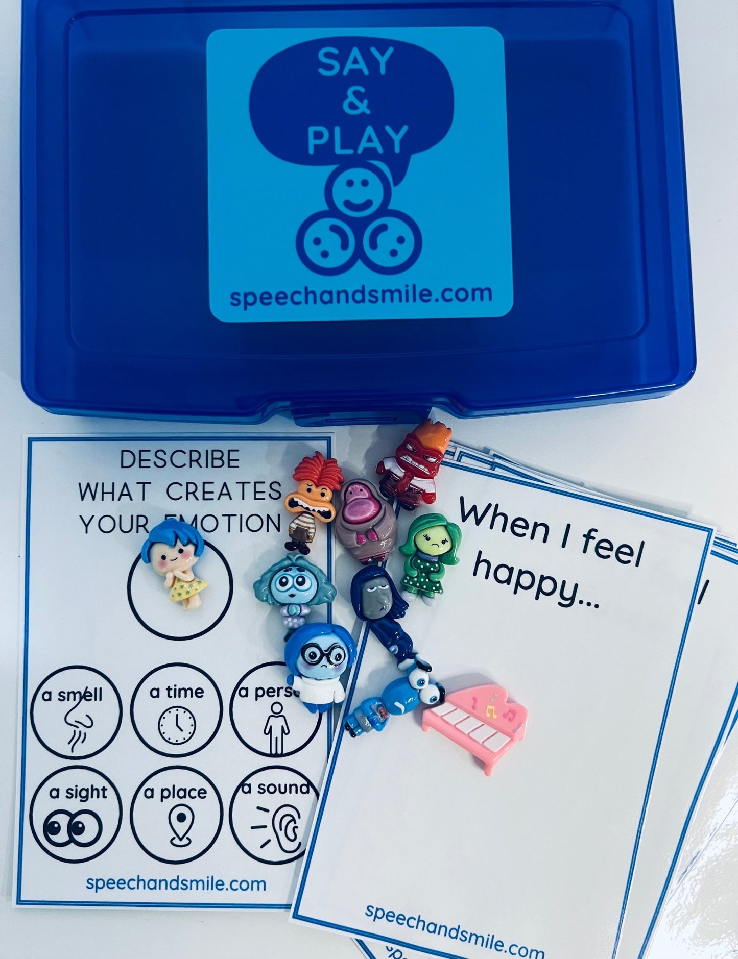 Say and Play EMOTIONS Task Box Includes 9 Inside Out Mini Figures and more Trinket Speech Therapy Mini Objects Emotion Minis - Speech and Smile
