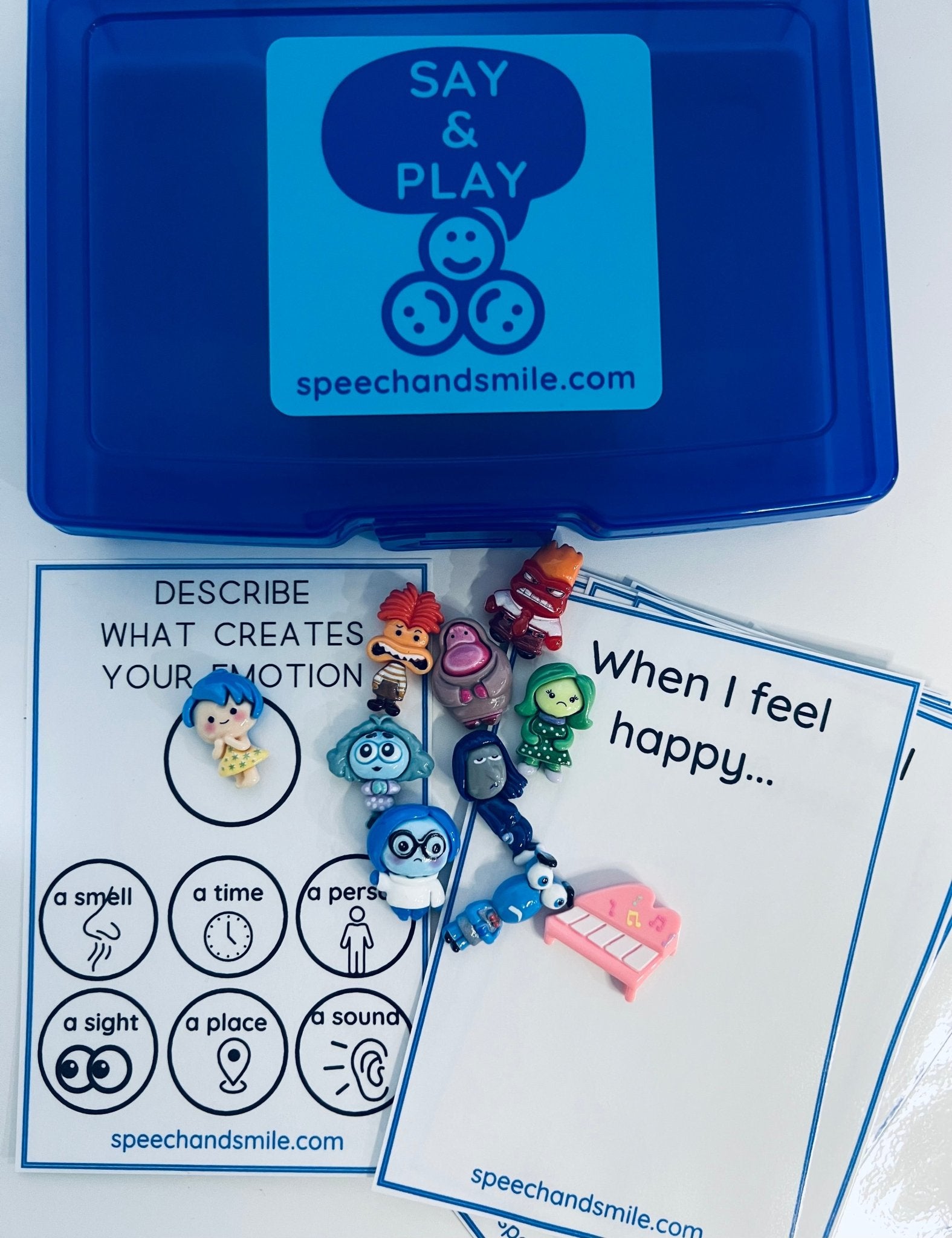 Say and Play EMOTIONS Task Box Includes 9 Inside Out Mini Figures and more Trinket Speech Therapy Mini Objects Emotion Minis - Speech and Smile