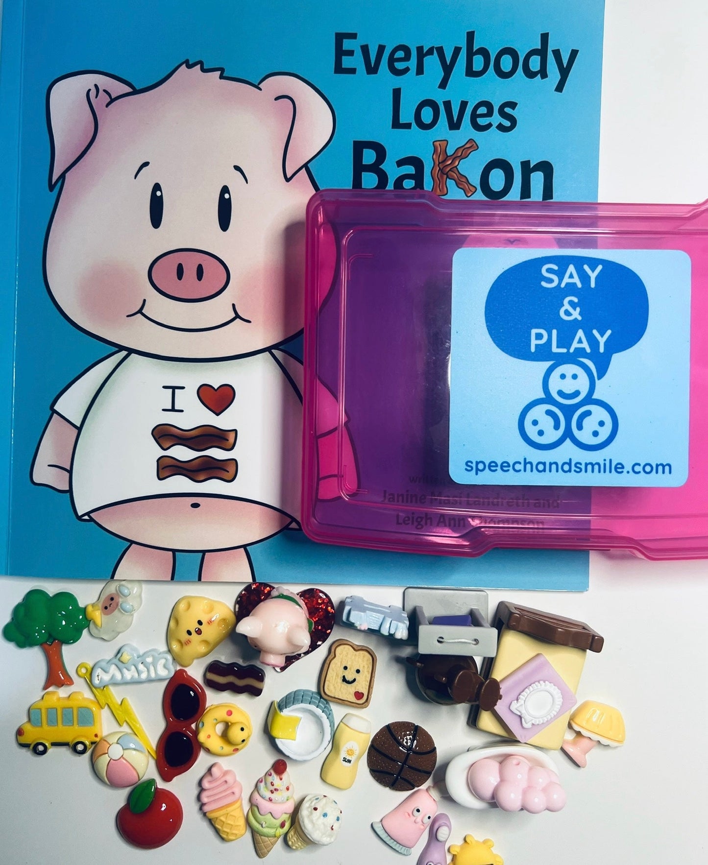 Say and Play Story Kit Book Everybody Loves Bakon Mini Objects Speech Therapy Trinkets Fun Book about kindness - Speech and Smile