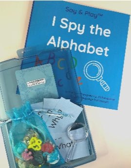 Say & Play Mini Objects I Spy the Alphabet Book + Mini Objects Kit — 26 Alphabet Objects, Magnifying Glass and Question Cards - Speech and Smile