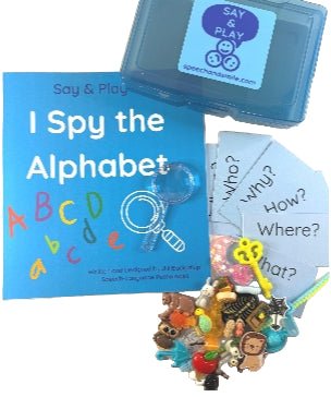 Say & Play Mini Objects I Spy the Alphabet Book + Mini Objects Kit — 26 Alphabet Objects, Magnifying Glass and Question Cards - Speech and Smile