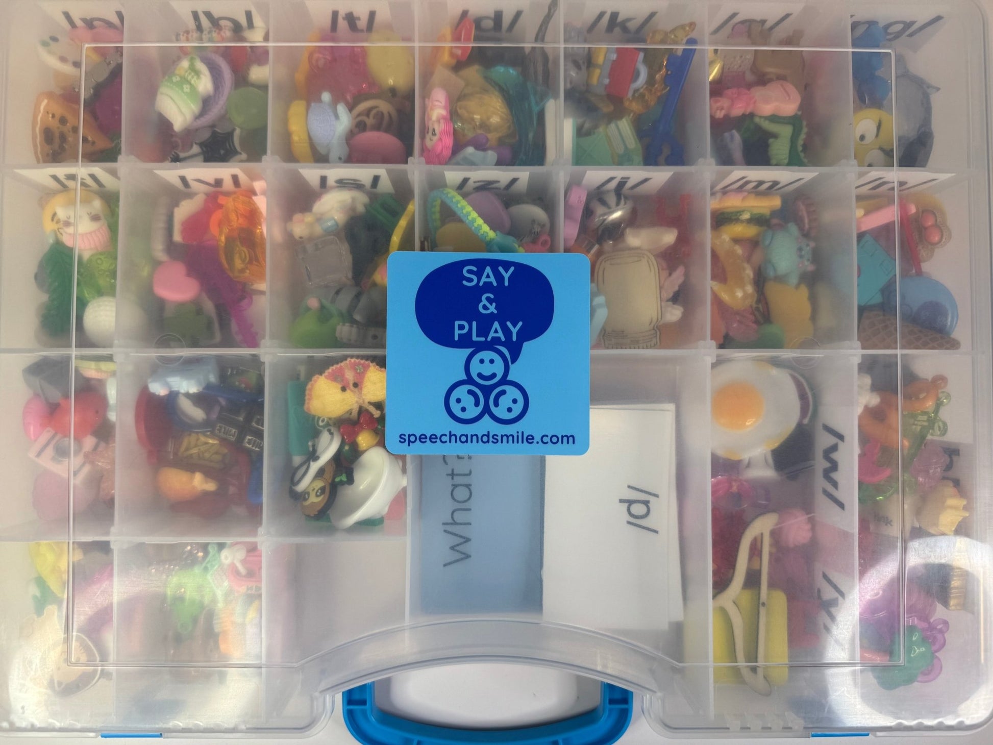 Say & Play Mini Objects Speech Therapy Kit – 300+ Articulation Trinkets, Phonics, Question Cards & Letter Sound Mats SLP Tools - Speech and Smile