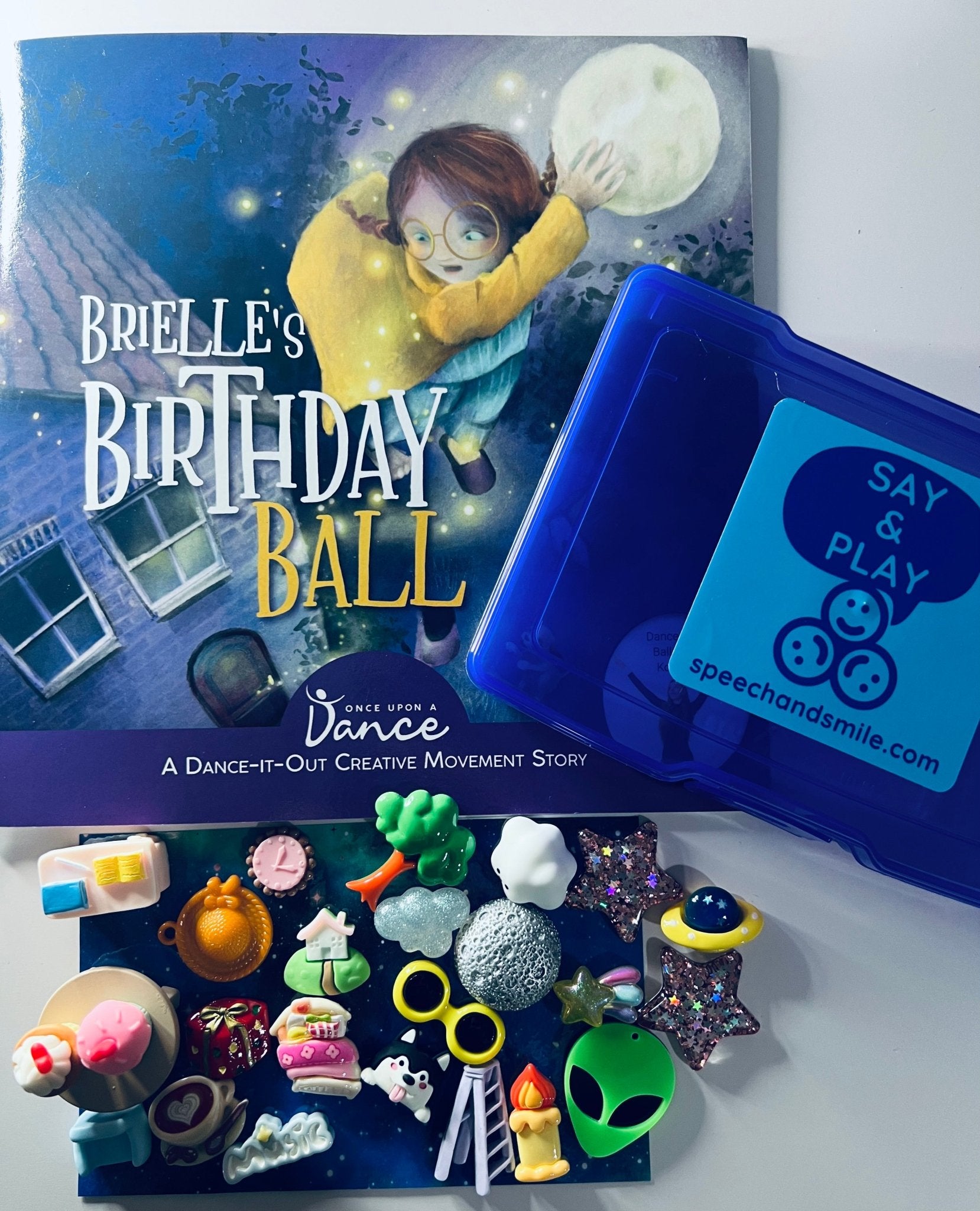 Say & Play Story Kit – Brielle’s Birthday Ball (INCLUDES BOOK) – Creative Movement Story & Speech Therapy Mini Objects - Speech and Smile