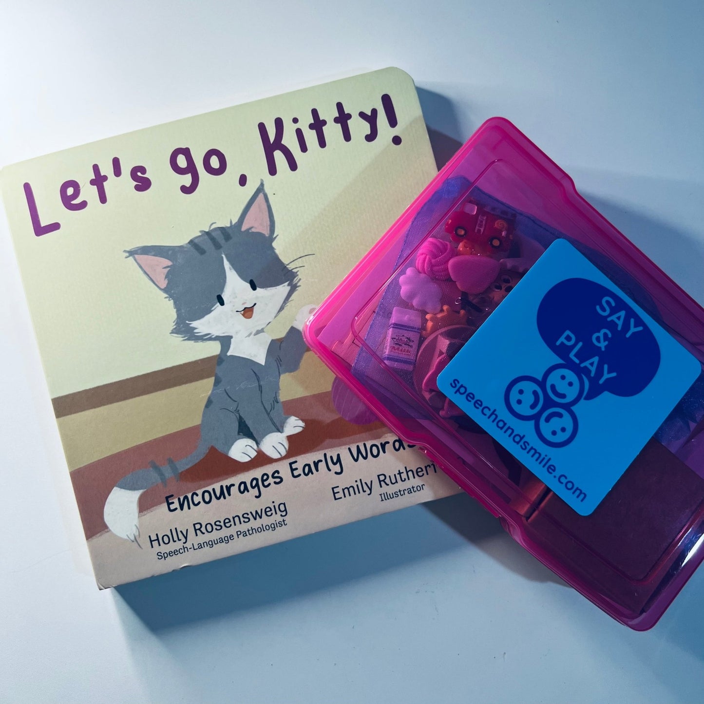 Say & Play Story Kit with Mini Objects – Let’s Go Kitty + Early Sounds Book INCLUDES BOOK - Speech Therapy, Apraxia, Language Learning - Speech and Smile