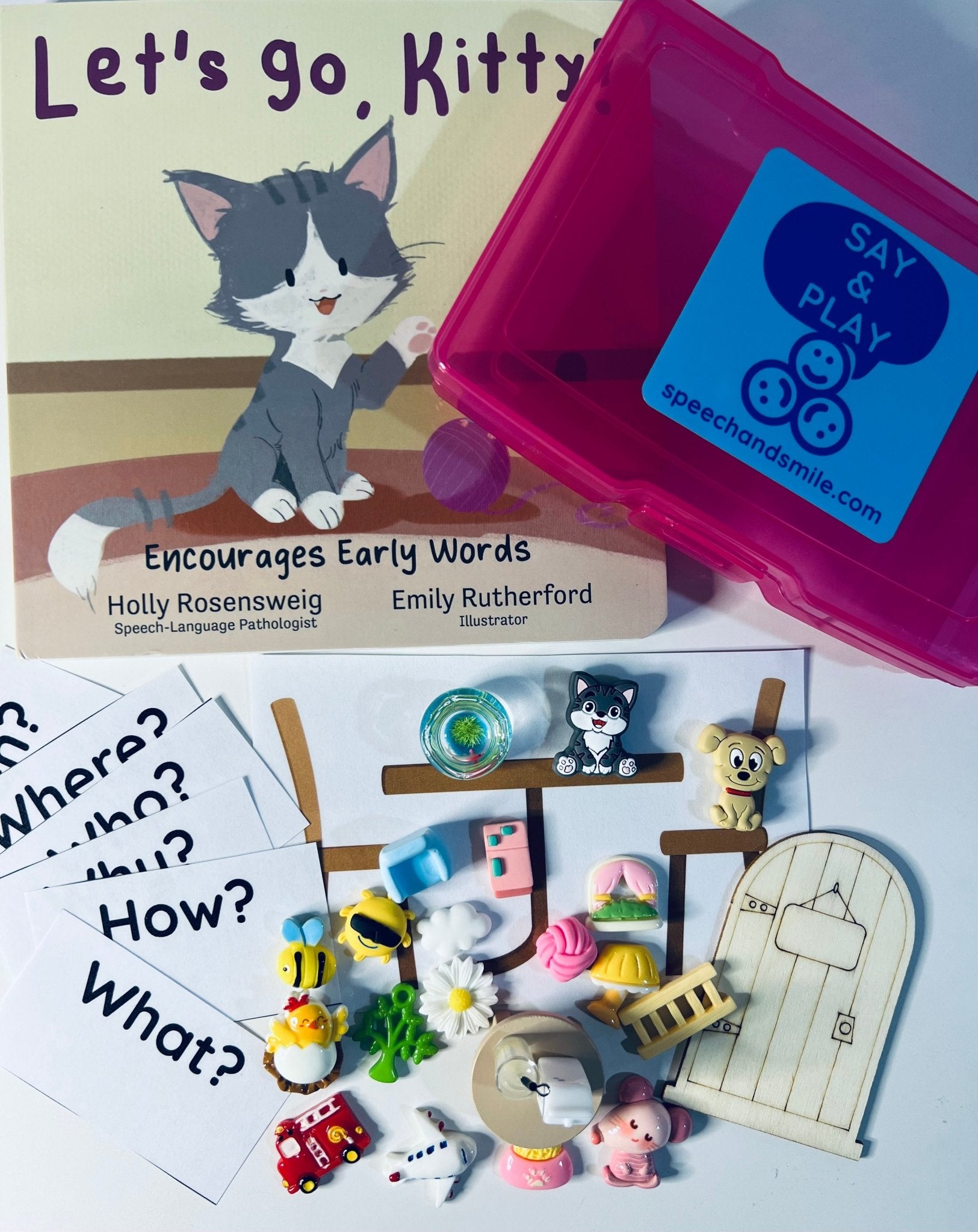Say & Play Story Kit with Mini Objects – Let’s Go Kitty + Early Sounds Book INCLUDES BOOK - Speech Therapy, Apraxia, Language Learning - Speech and Smile