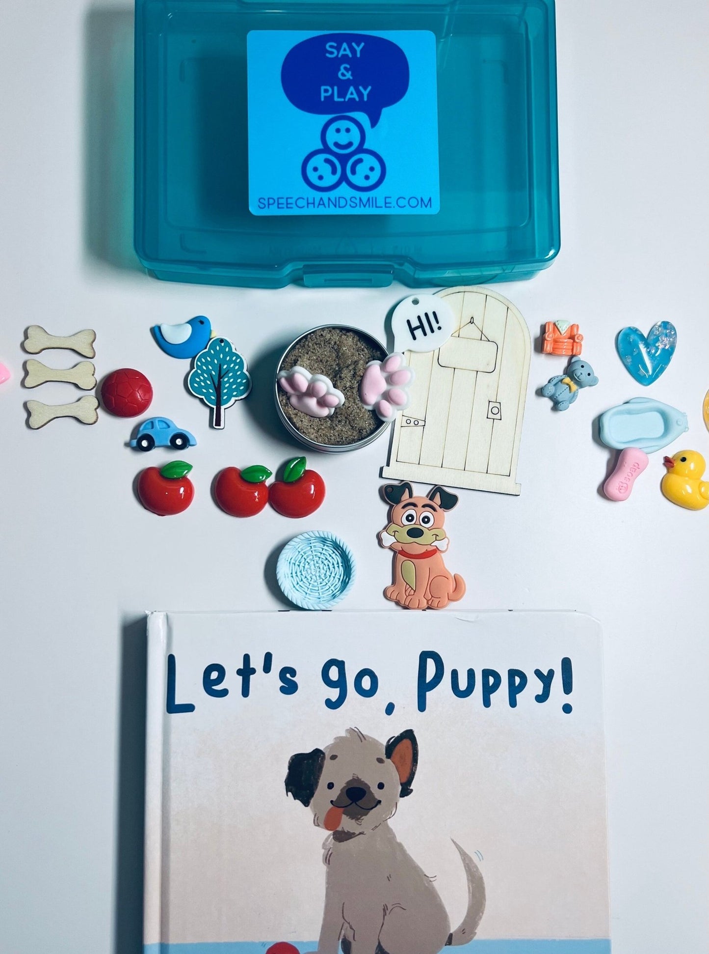 Say & Play Story Kit with Mini Objects – Let’s Go Puppy + Early Sounds Book INCLUDES BOOK - Speech Therapy, Apraxia, Language Learning - Speech and Smile