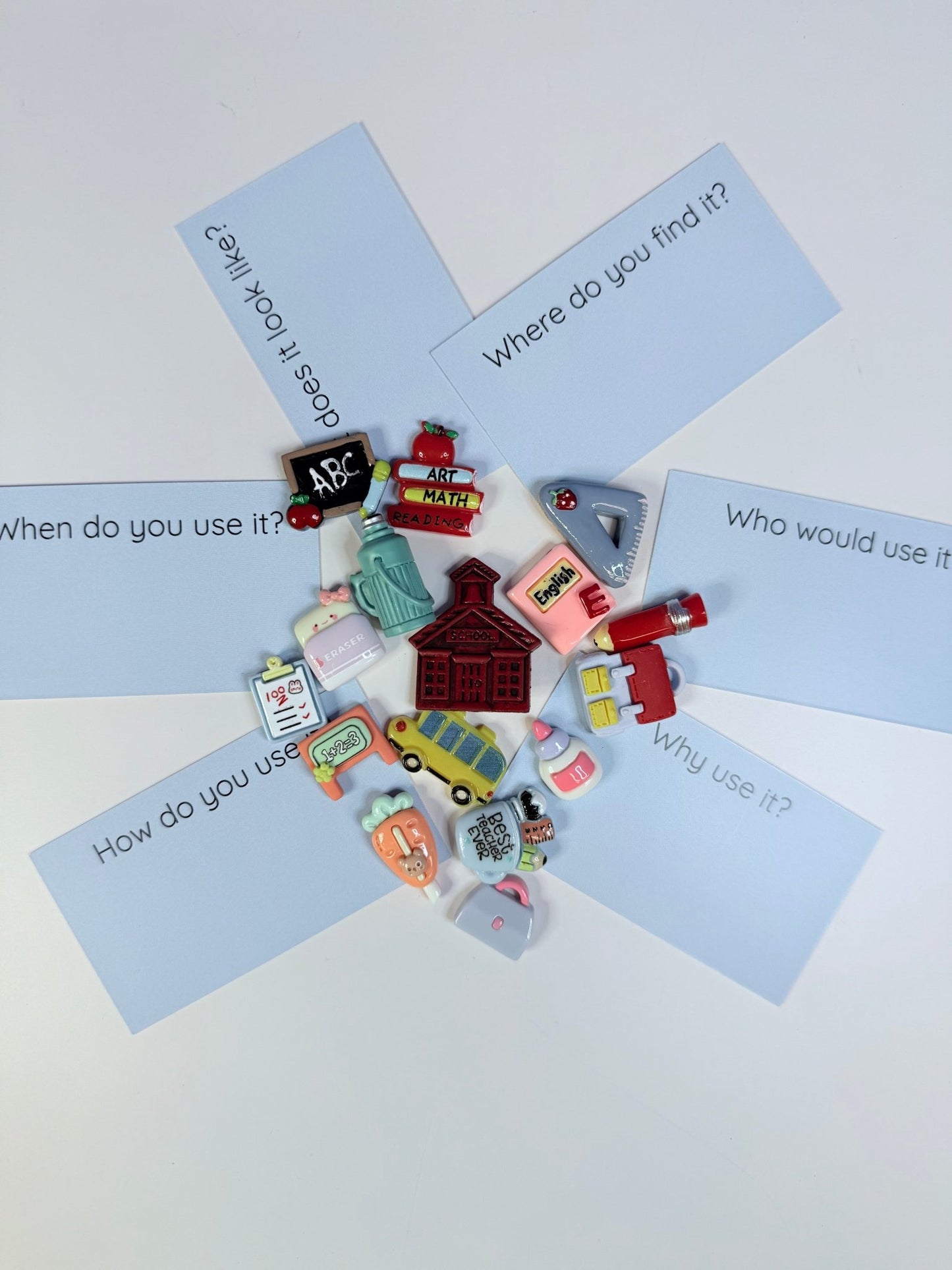 SCHOOL theme Mini Objects with Question Cards - Theme Trinkets Speech Therapy - Speech and Smile