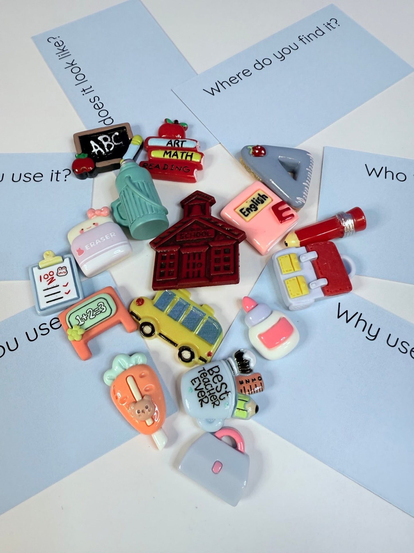 SCHOOL theme Mini Objects with Question Cards - Theme Trinkets Speech Therapy - Speech and Smile