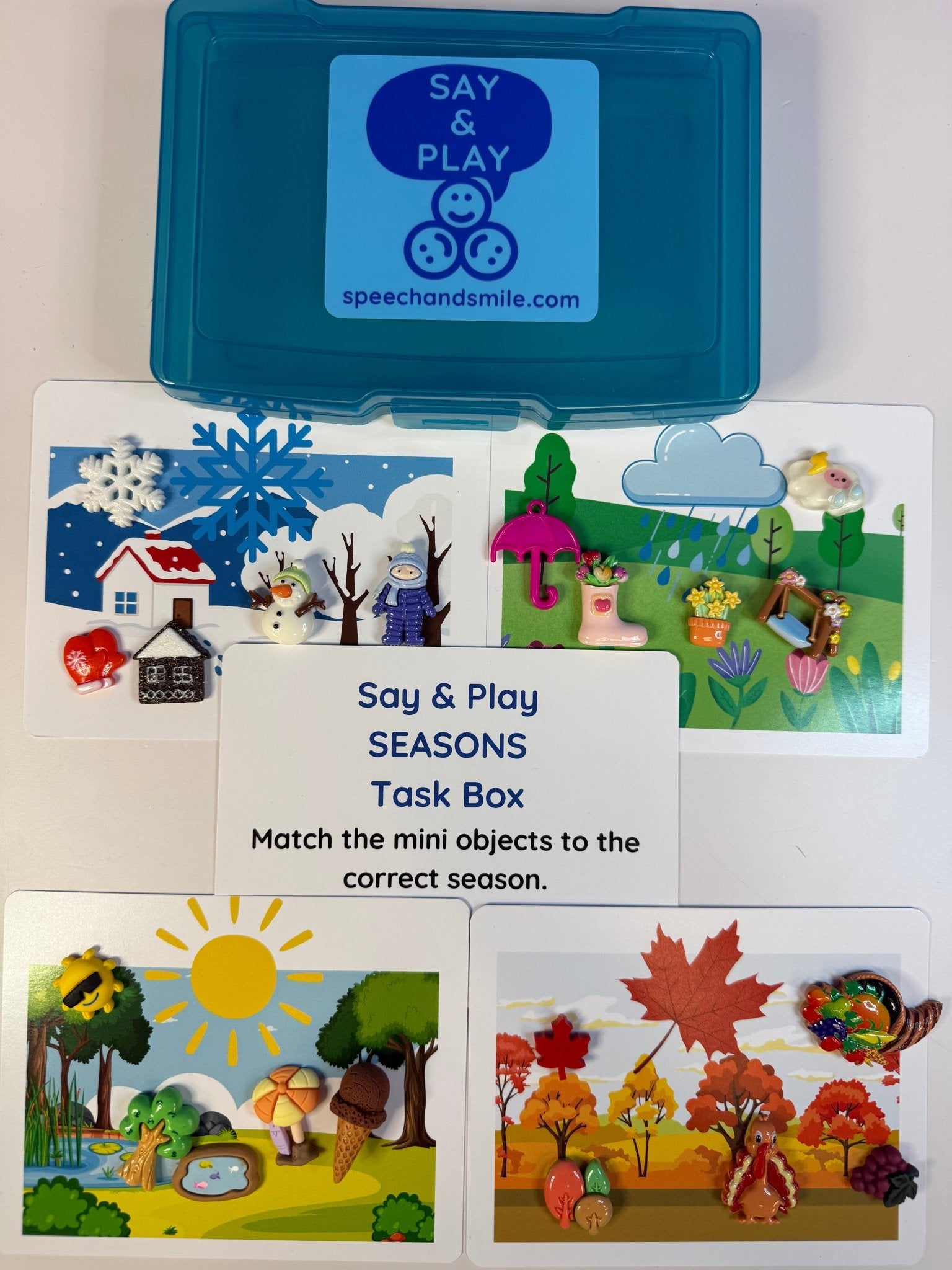 SEASONS Trinkets - Weather Theme Mini Objects for Speech Therapy Language Task Box - Speech and Smile